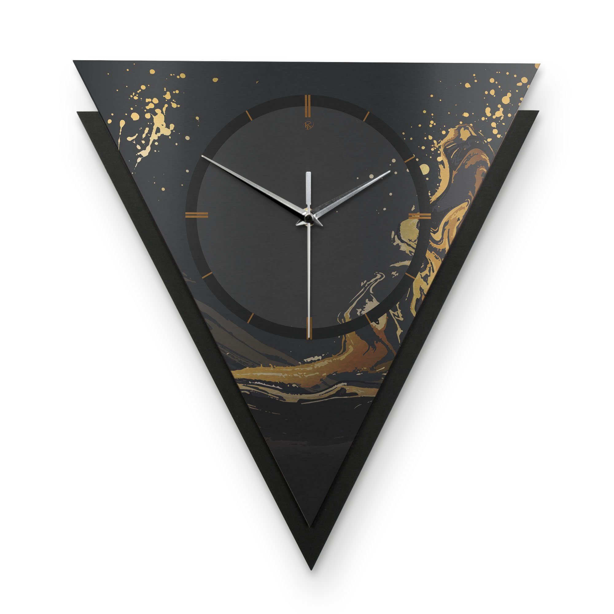 Kreative Feder Wanduhr Dreieckige 3D Designer-Wanduhr „Golden Liquid“ im Metallic-Look (ohne Ticken; Funk- oder Quarzuhrwerk; elegant, außergewöhnlich, modern)