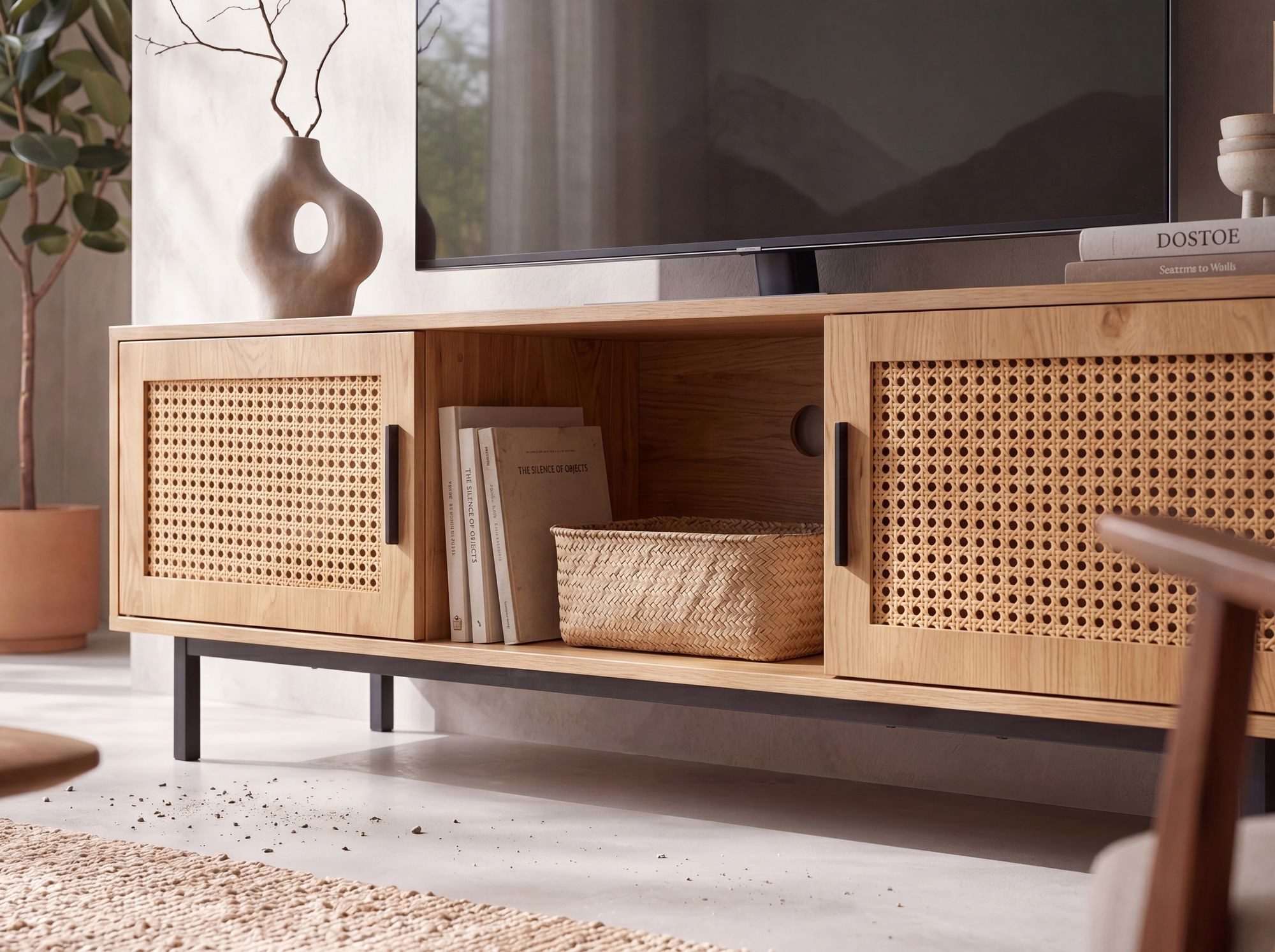 FineBuy Lowboard Eiche-Dekor mit Wiener Geflecht 120x45,5x40 cm TV-Kommode Zeitlos mit Schiebe-Türen, Design TV-Schrank Hoch, Fernsehtisch Fernsehschrank, Ferns – Bild 5 von 5