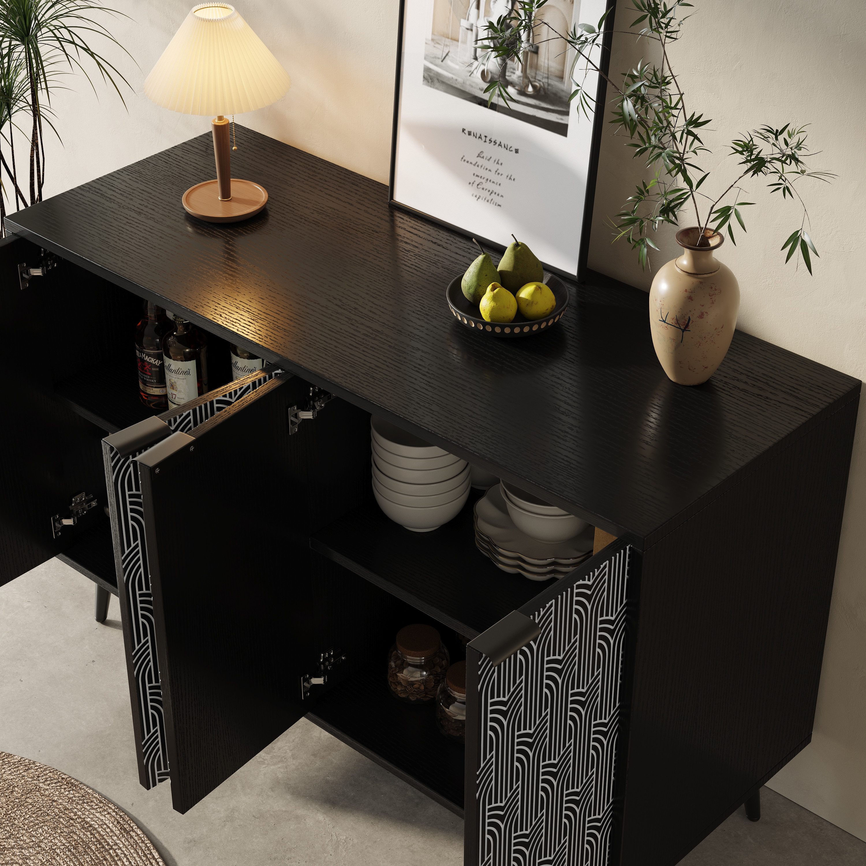 HAUSS SPOLE Sideboard Esszimmerschrank Fischgrätenmuster, geschnitzte Tür, schwarz (Esszimmerschrank mit einzigartigem Geometrie-Design und Antikipp-Schutz – Moderner Aufbewahrungsschrank mit verstellbaren Trennwänden für Wohnzimmer und Esszimmer – Robuste MDF-Struktur und Metallbeine, 120×35×78cm)