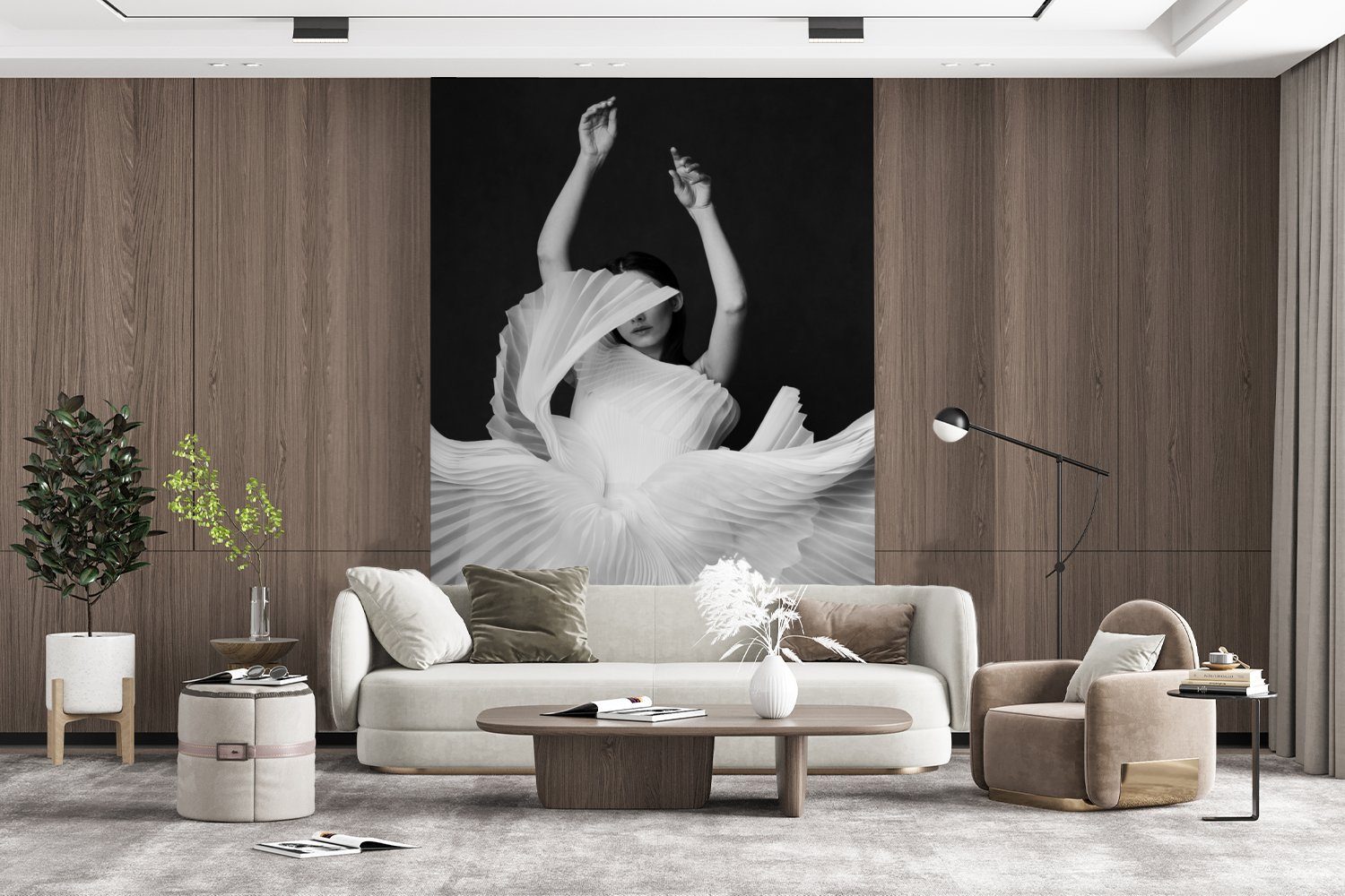 Tapete - Fototapete (3 bedruckt, - Tanz MuchoWow St), weiß, Wandtapete - - und Wohnzimmer, Frau Montagefertig Schwarz Kleid Porträt Vinyl Matt, für