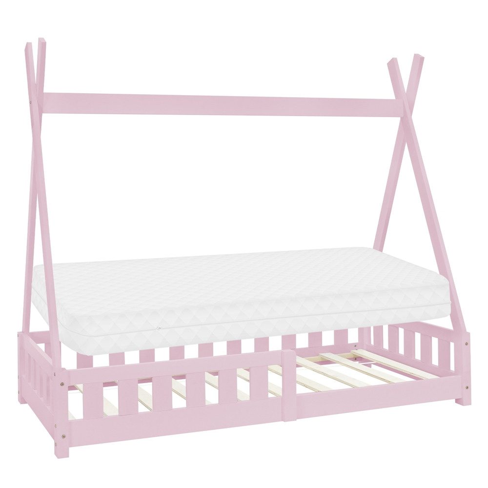 ML-DESIGN Spielbett Hausbett Tipi Zeltbett inkl. Lattenrost Bodenbett Kinder Himmelbett, Abenteuerbett mit Rausfallschutz Zelt Bett Kiefer Rosa Kinderhaus