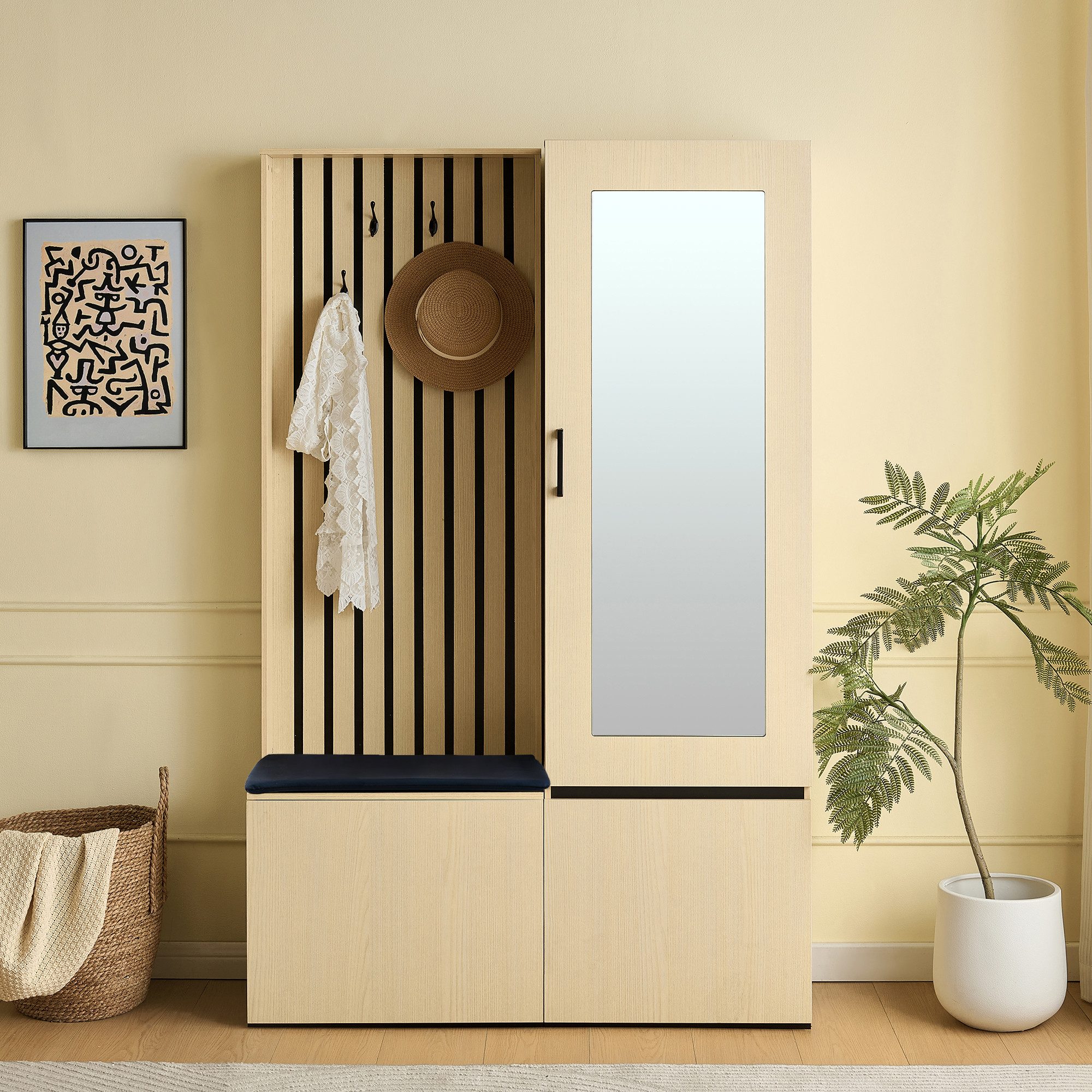 Refined Living Garderoben-Set ScKombinierter Garderobenschrank mit Spiegel und Sitzbank, (Modernes Flurmöbel-Set mit ausziehbarer Kleiderstange, Schuhablage, 4 Haken und Polsterbank, Schuhbank mit Aufbewahrung, Garderobe, 2-St., 2-in-1 Funktionalität, Langlebig & einfache Montage, Großer Stauraum), Holzoptik, für Flur, Schlafzimmer, Eingangsbereich, Wohnzimmer,Wohnung