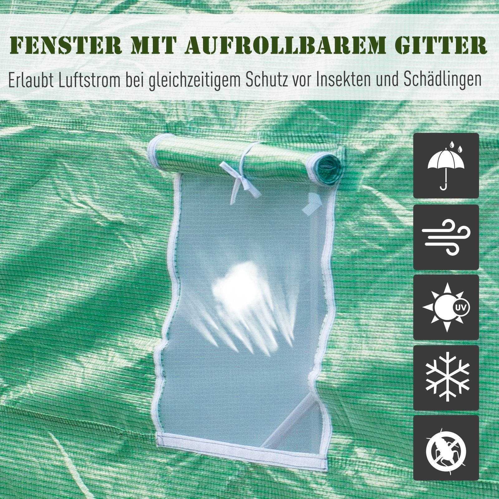 Outsunny Foliengewächshaus Folientunnel, Frühbeet mit Fenster, BxTxH: 445 x 200 x 200 cm, BxLxH: 200 x 445 x 200 cm, Treibhaus 1-St., Tomatengewächshaus, grün, 445 x 200 x 200 cm