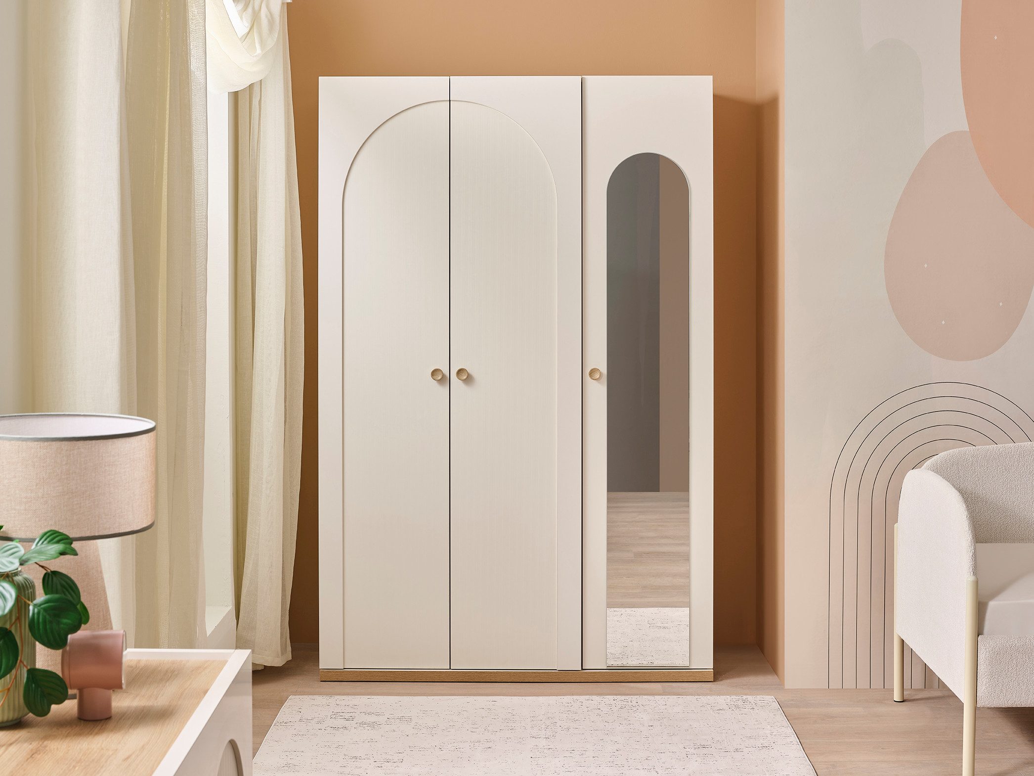 Möbel-Zeit Kleiderschrank LOUIS 3-türig – Cremeweiß – Inkl. Spiegeltür & LED-Kleiderstange