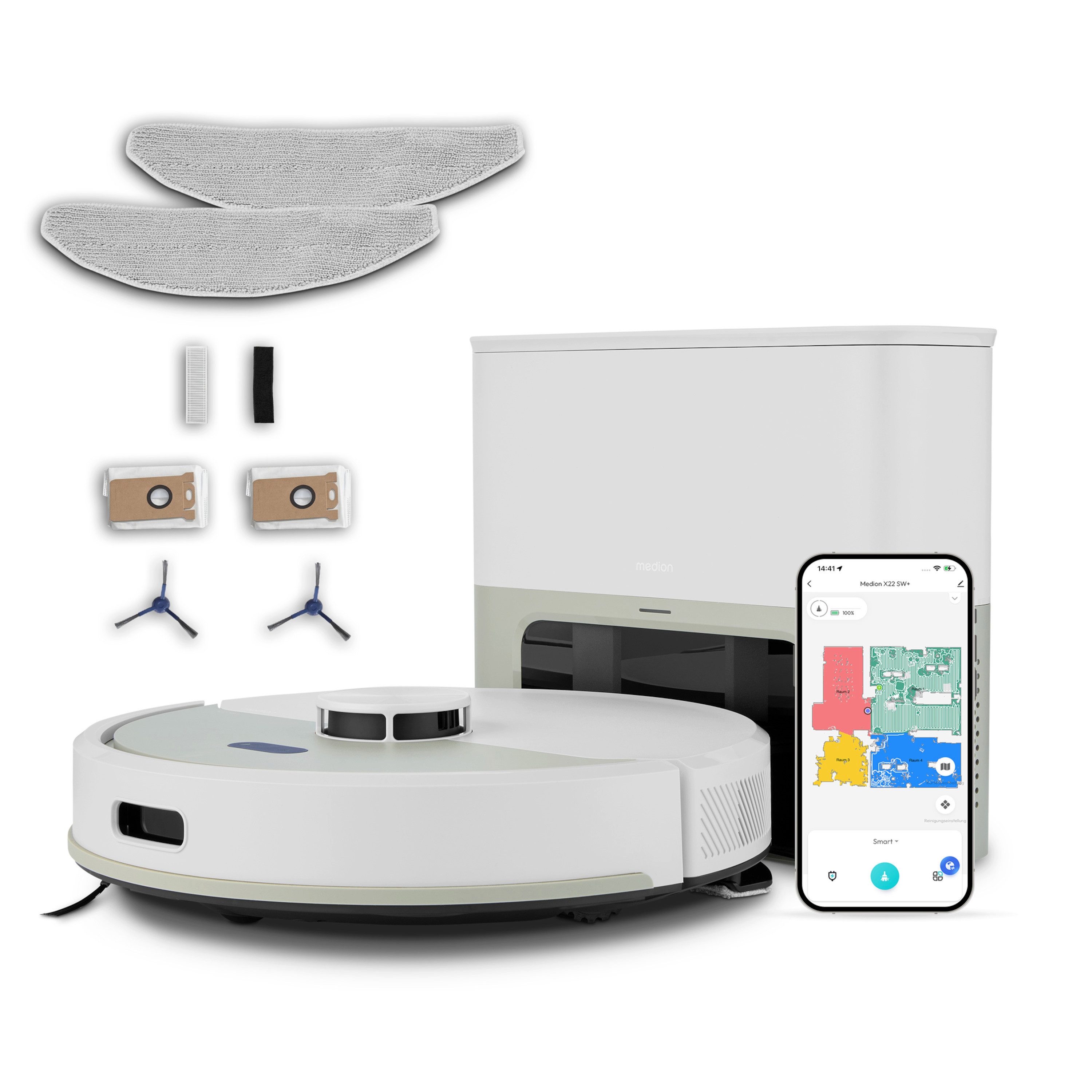 Medion® Saugroboter Smarter Saugroboter mit Wischfunktion und Absaugstation X22 SW+, beutellos, X22SW+