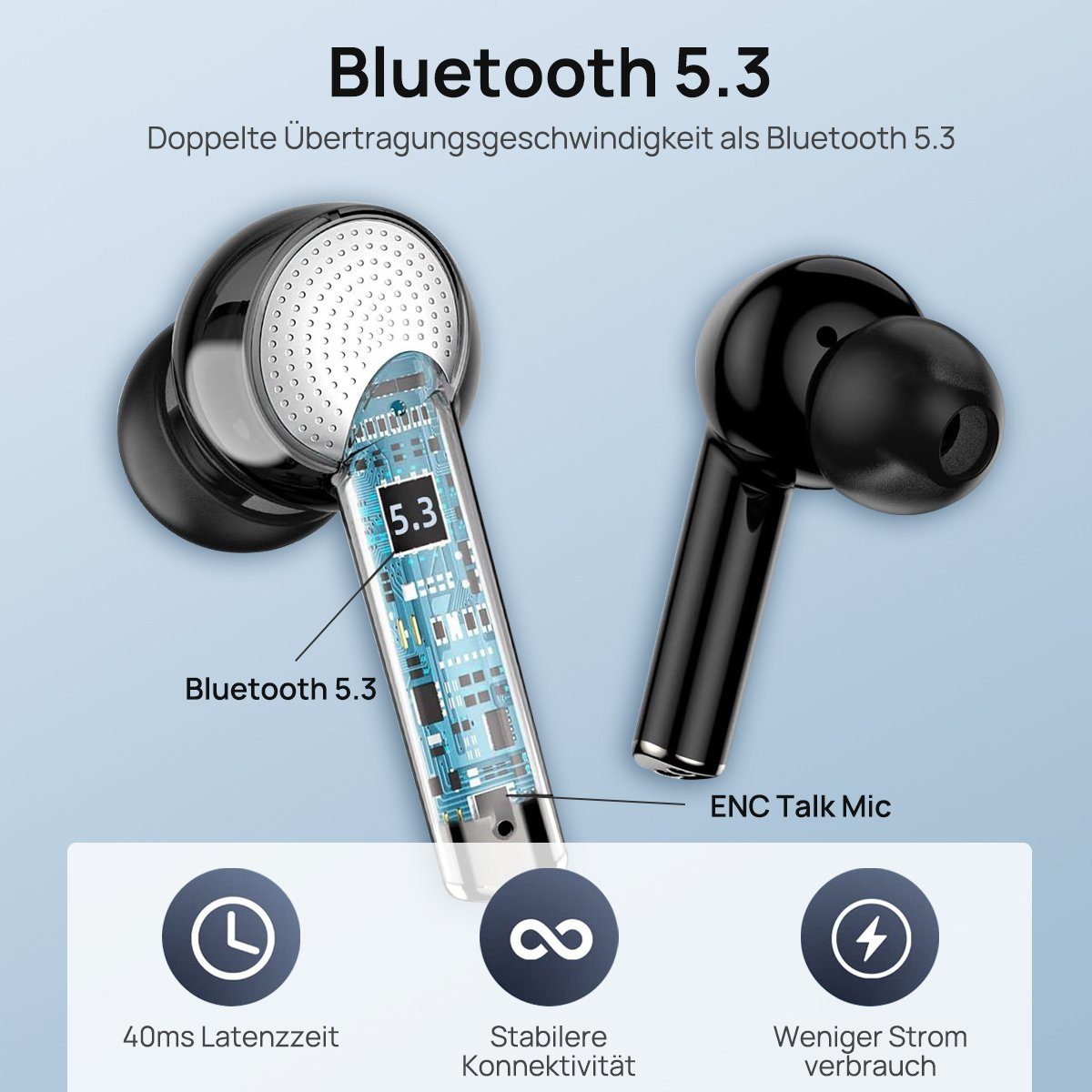 Greensky TWS In-Ear-Kopfhörer ENC-Rauschunterdrückung Earbuds Mikrofon) Deep In-Ear, Bass Wireless, mit Klarem (Active (ANC), Assistent, Pro, Google J8 Schwarz Siri, Bluetooth-Kopfhörer Noise Cancelling