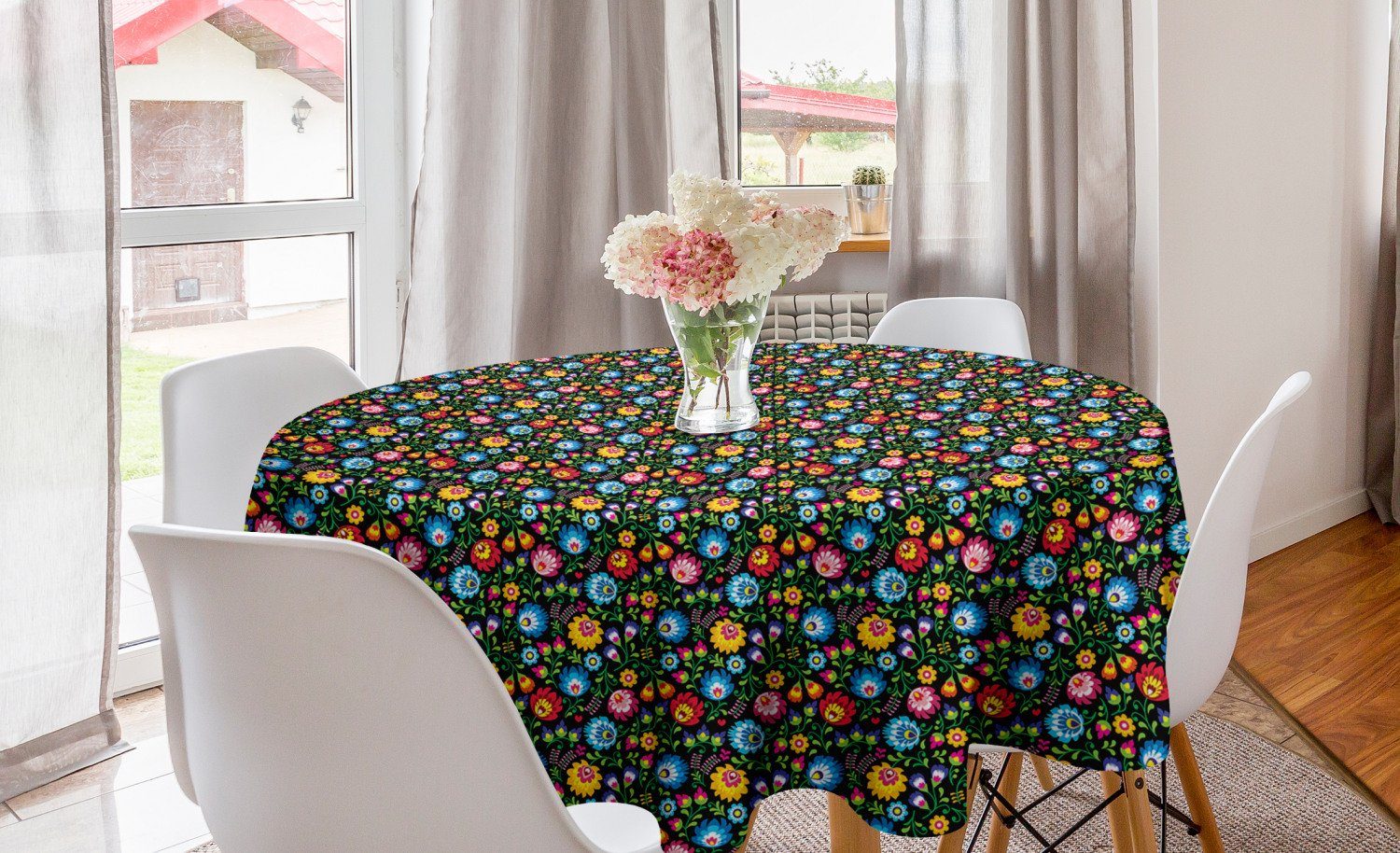 Abakuhaus Tischdecke Kreis Tischdecke Abdeckung für Esszimmer Küche Dekoration, Garten-Kunst Bunt Blooming Petals