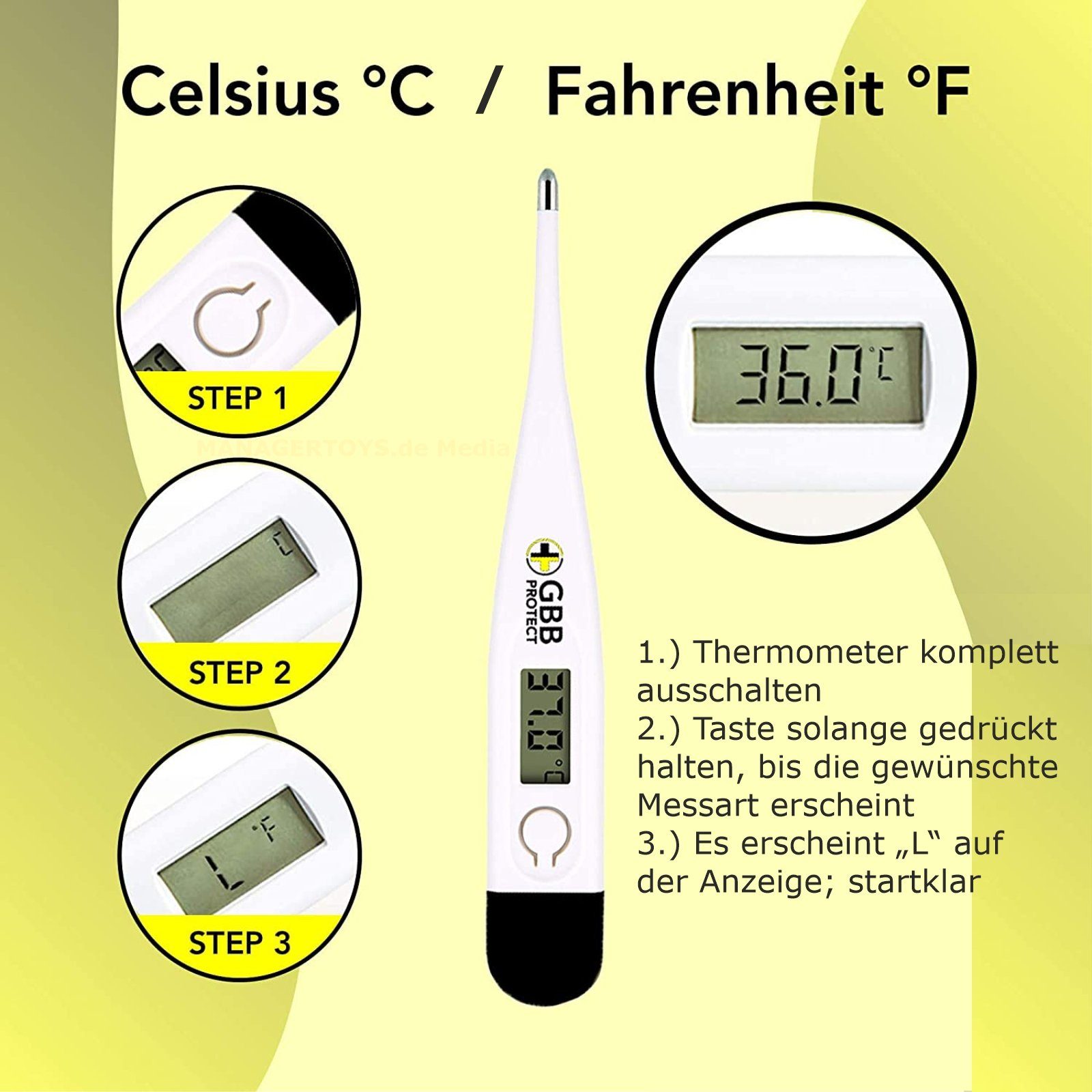 GBB PROTECT Display Fieberthermometer + Batterie Thermometer Digitales LCD Fieber