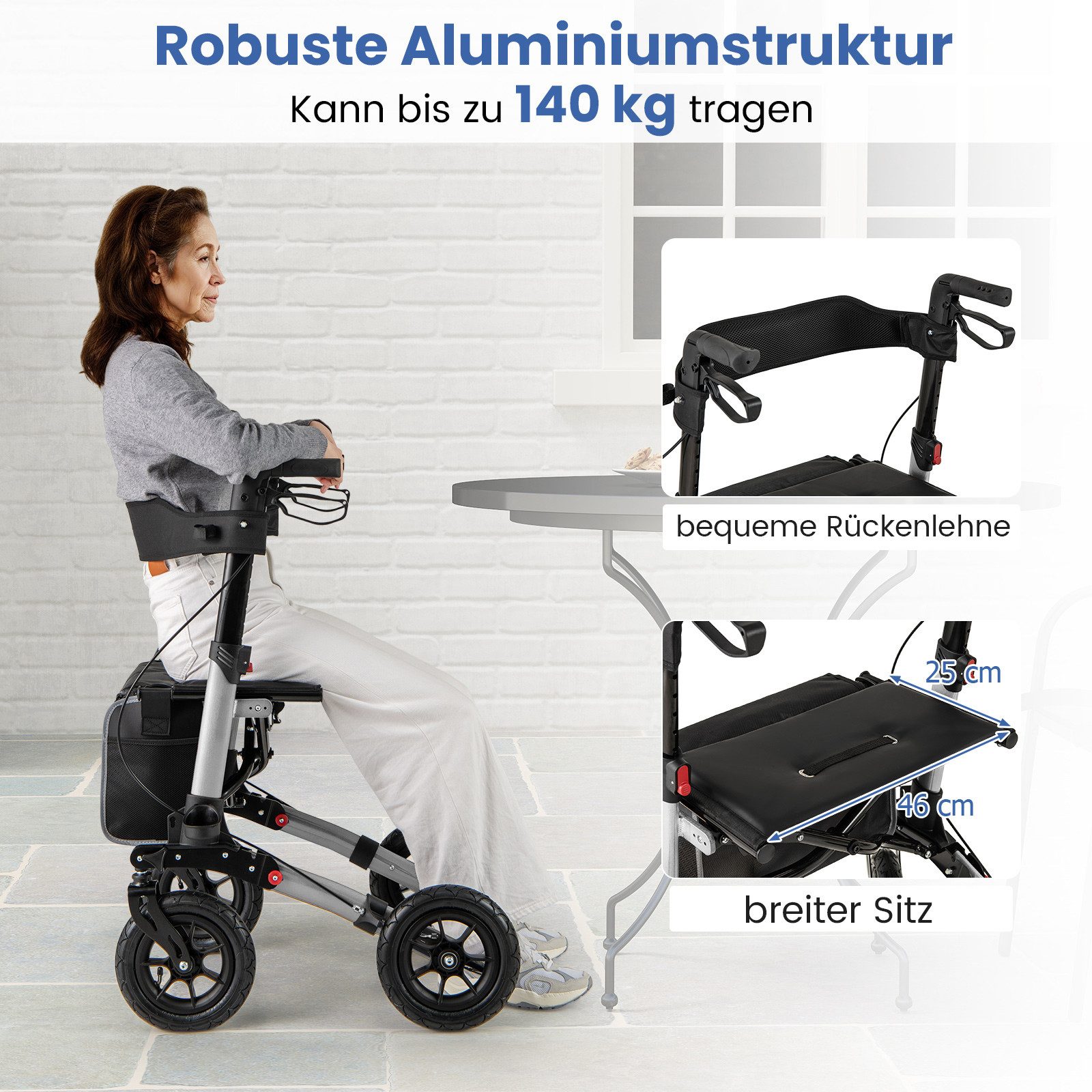 COSTWAY Rollator Gehhilfe mit Luftbereifung, Aluminium, bis 140 kg
