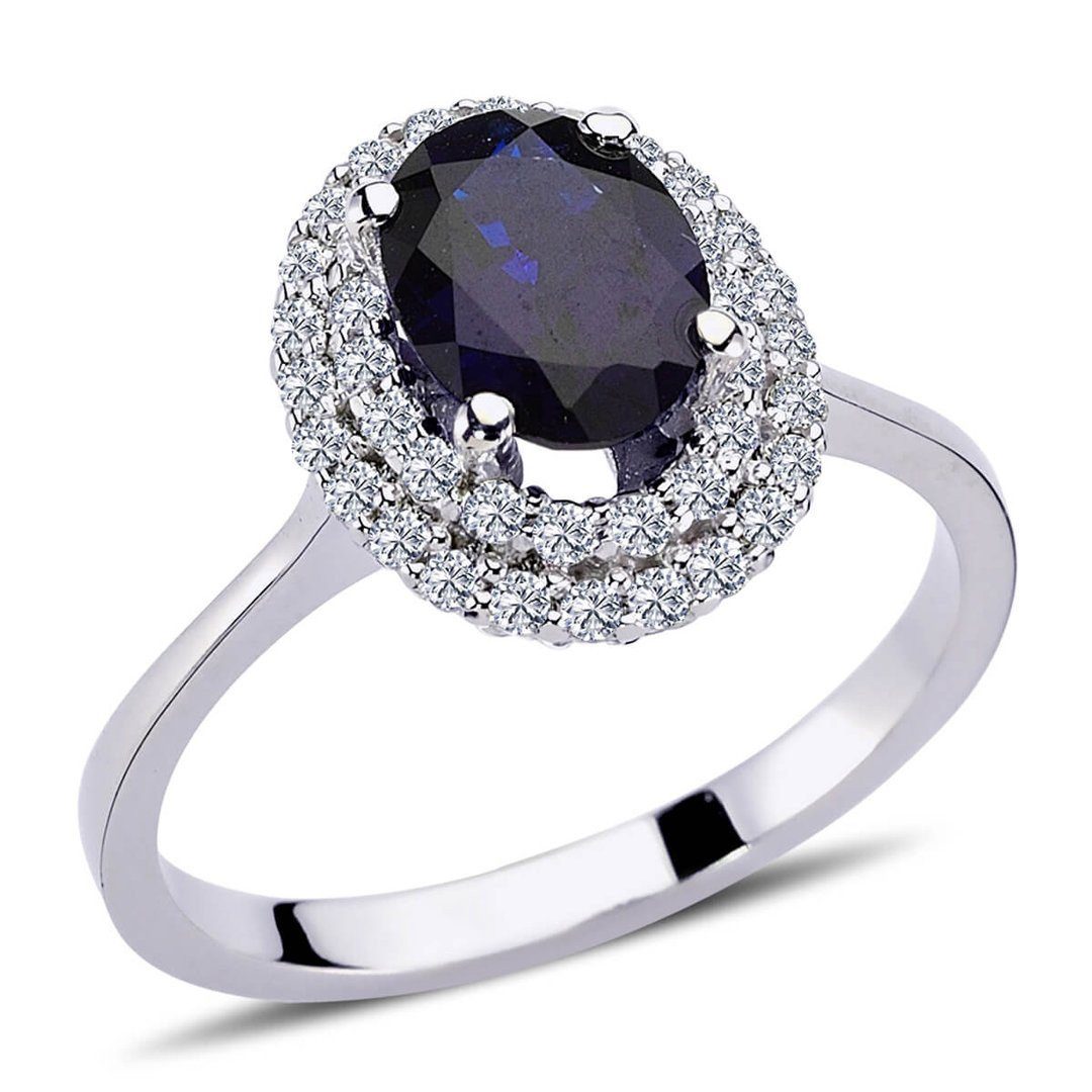 EinStein Diamant Diamantring Diamant Oval Saphir Entourage Ring wird in 14 Karat Weißgold, Saphirring, Diamantring, Unbehandelter Diamant, Brillant, Saphir
