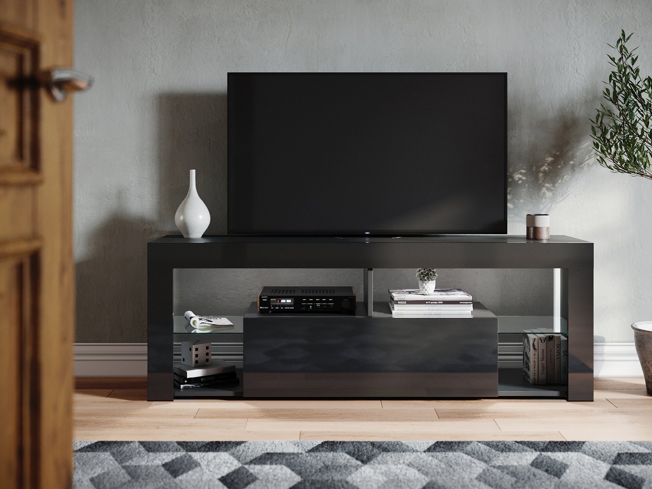 mit SONNI 12 Stilvoll Farben Schwarzer TV-Ständer mit Beleuchtung, Led 140x35x50.5cm LED-Beleuchtung TV-Schrank