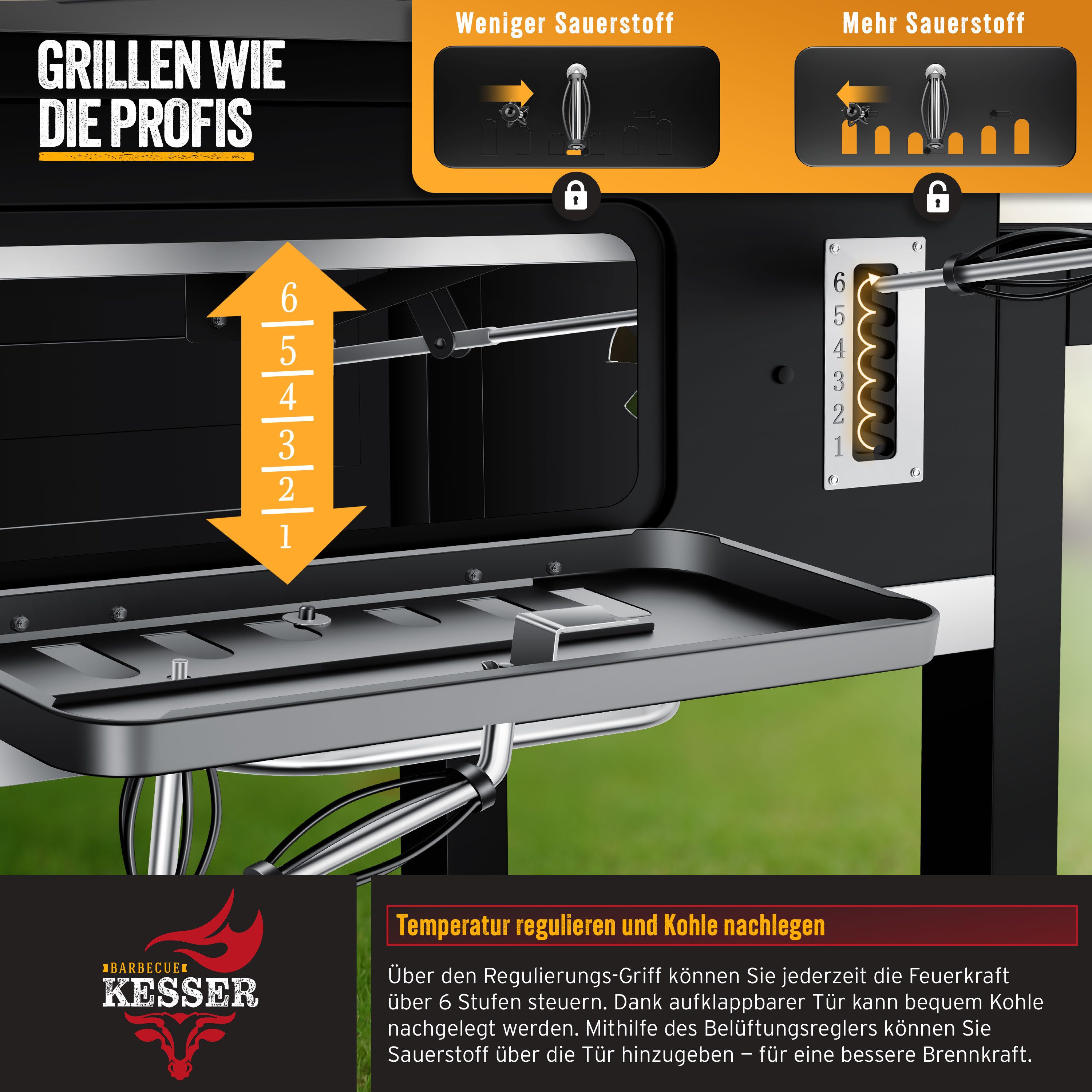 KESSER Holzkohlegrill Grillwagen BBQ Smoker XXL Holzkohlegrill mit Deckel, Rädern, Edelstahl-Griff, Thermometer, Grillrost, Standgrill, Kohlegrillwagen – Bild 5 von 5