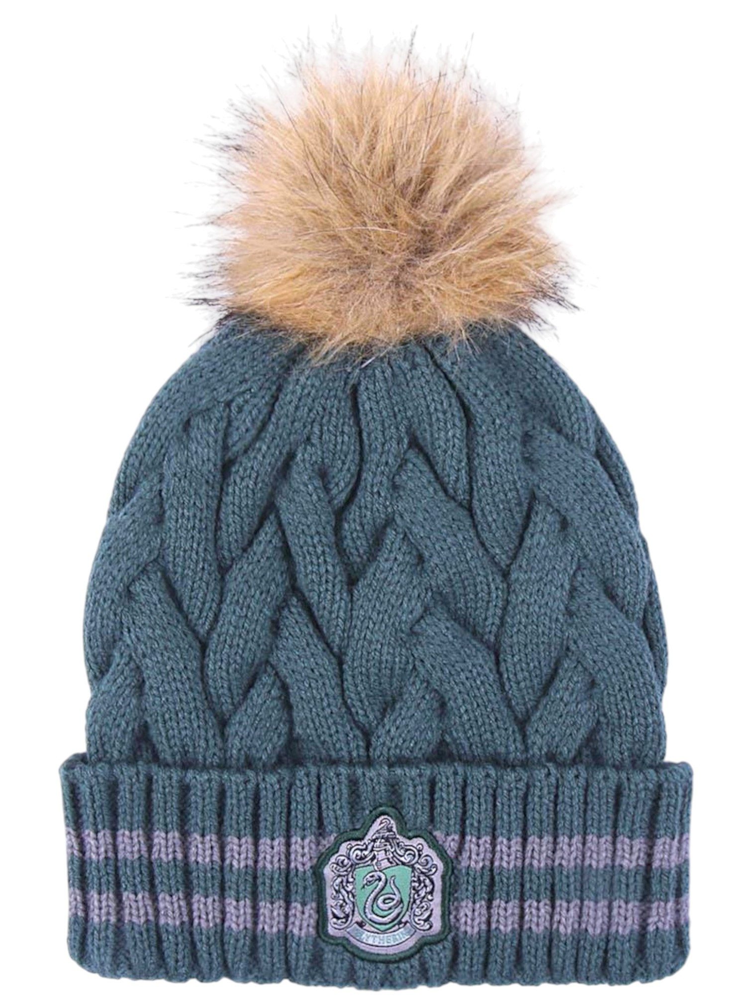 Cerdá Bommelmütze Harry Potter - Slytherin Strickmütze mit Zopfmuster & Kunstfell-Bommel 56 cm