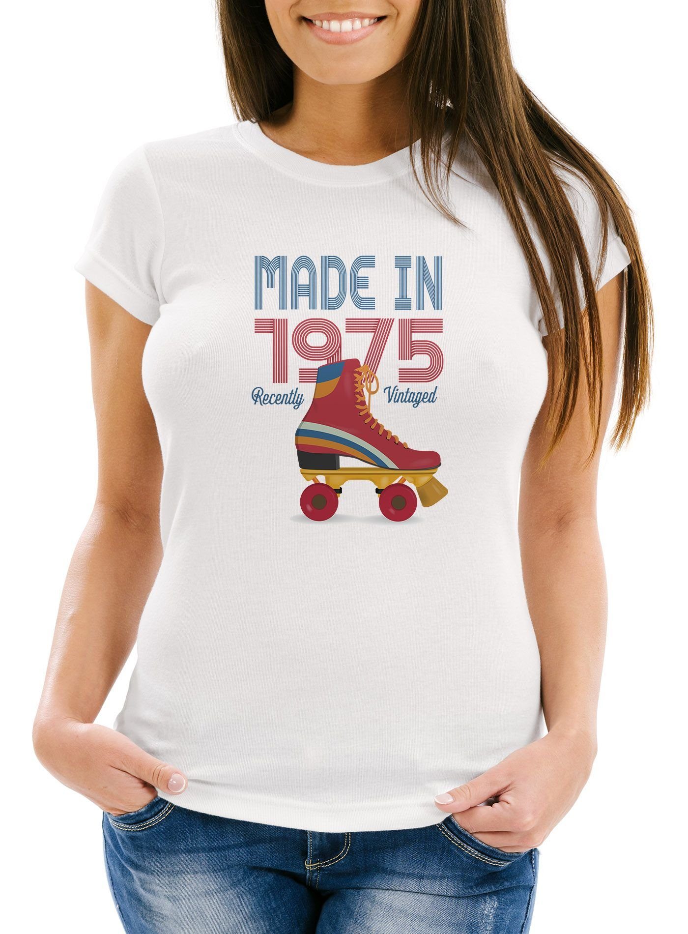 1975 weiß 70er mit Moonworks® T-Shirt Fit Print-Shirt Geschenk-Shirt Geburtstag Vintage Print Siebziger Jahre Damen Retro Slim MoonWorks