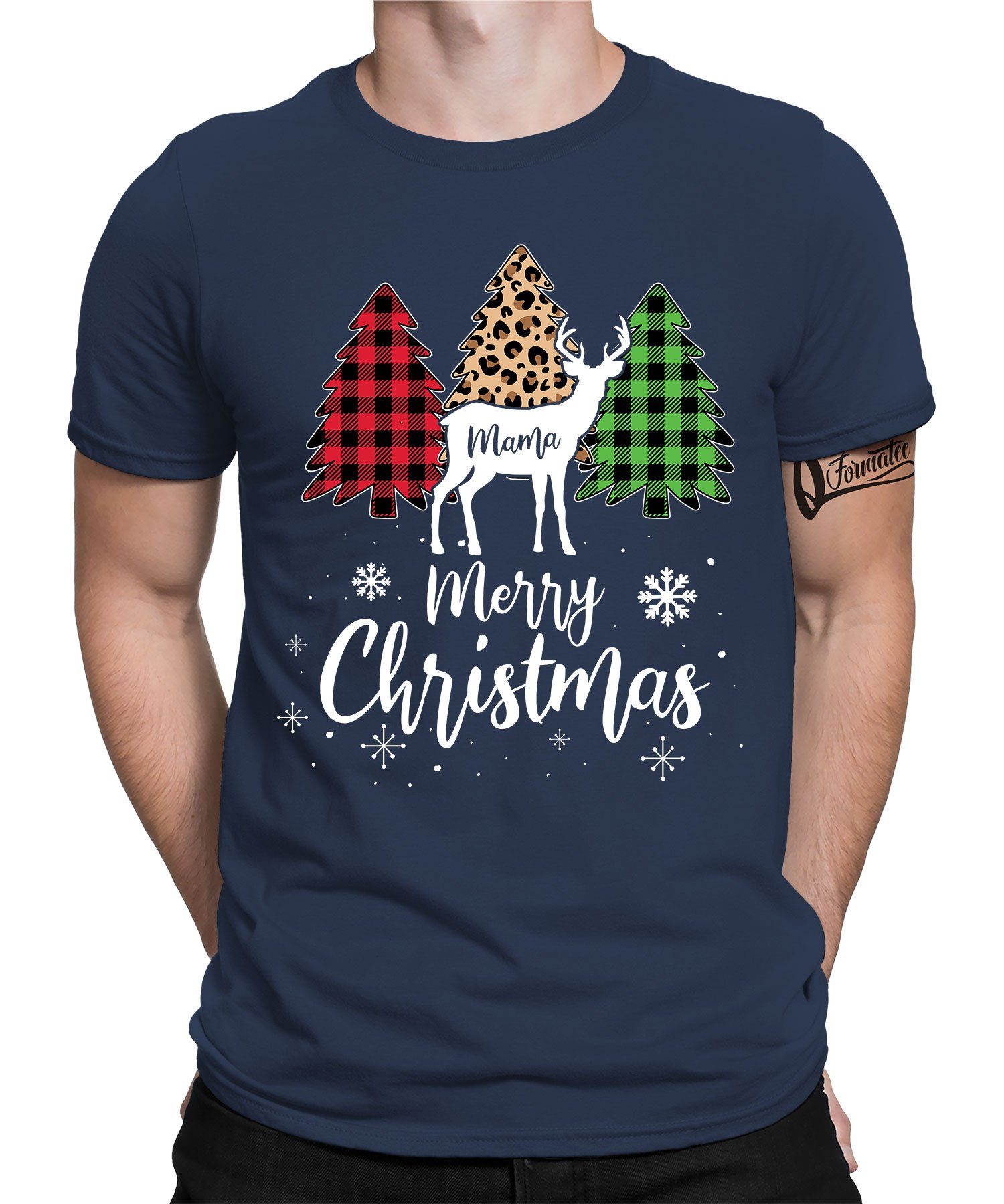 Reh - Kurzarmshirt Mama Weihnachten (1-tlg) Formatee T-Shirt X-mas Quattro Blau Rentier Weihnachtsgeschenk Herren Navy