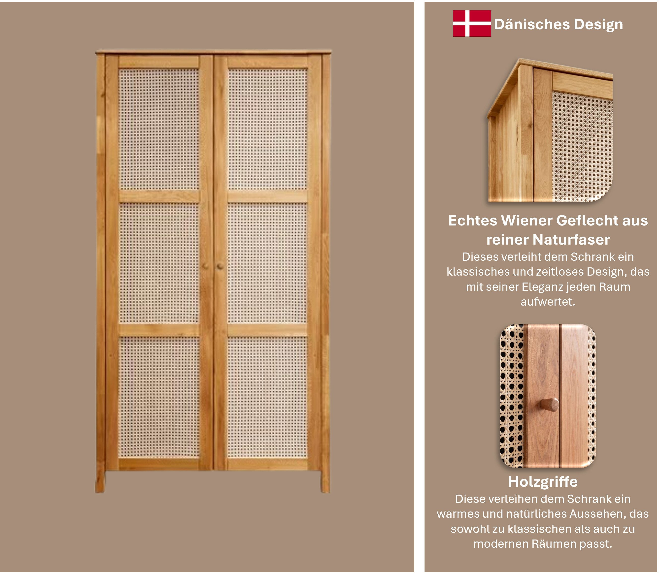 Home affaire Kleiderschrank Hällevik, Kleiderschrank, Aufbewahrung, Stauraum, Soft-Close-Funktion Türfronten mit Wiener Geflecht, FSC® Zertifizierte massive Eiche