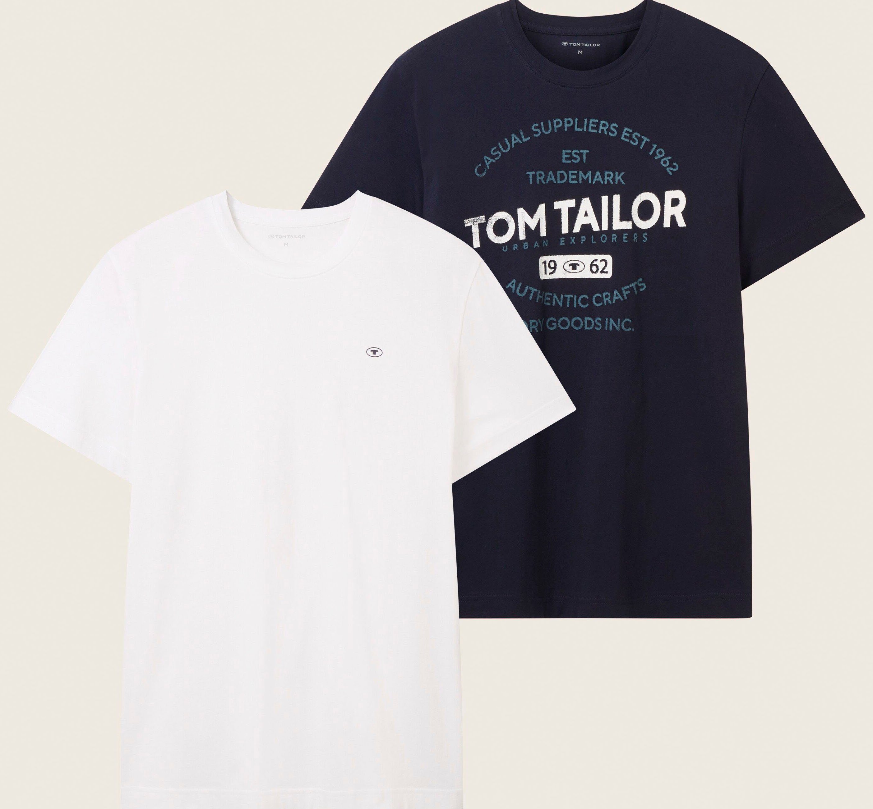 TOM TAILOR T-Shirt (Packung, 2-tlg) 1x mit großem Print 1x mit kleinem Logo auf der Brust dunkelblau + weiß