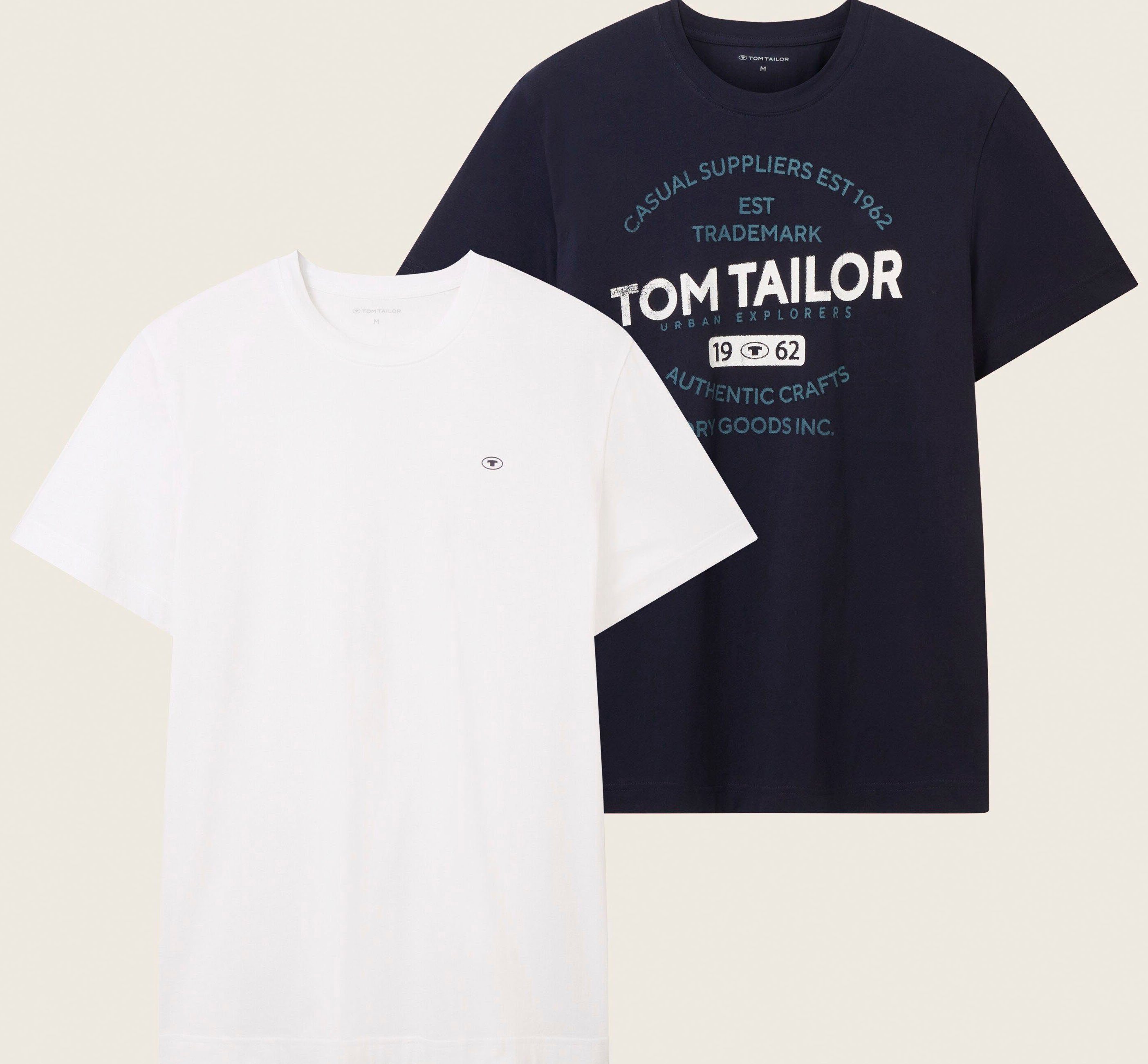 TOM TAILOR T-Shirt (Packung, 2-tlg) Brust auf mit + großem dunkelblau kleinem 1x mit Print weiß der Logo 1x