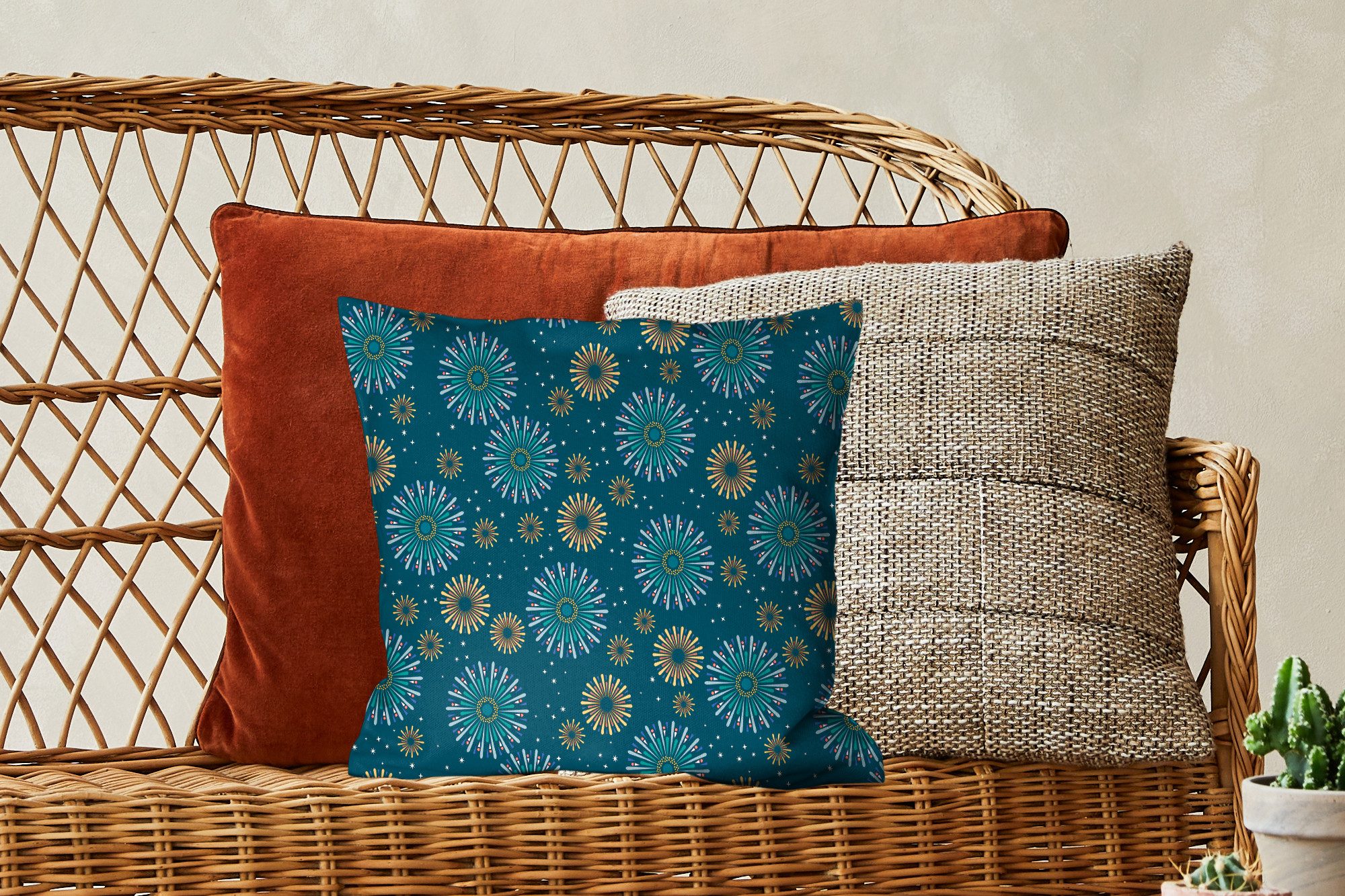 MuchoWow Dekokissen Blau - Gemustert - Retro, Zierkissen mit Füllung für Wohnzimmer, Sofakissen, 40x40 cm