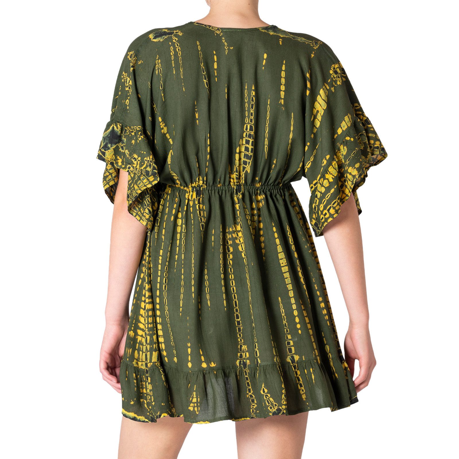 PANASIAM Tunikakleid kurzes Sommerkleid aus natürlicher Viskose mit V Ausschnitt Boho-Kleid Damen Strandkleid Minidress mit Volants Ethno Beach Dress Tunikakleid