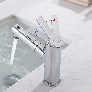 HOMELODY Badarmatur Mischbatterie mit 2 Strahlarten Wasserhahn Bad mit Ausziehbarer Brause Waschtischarmatur mit Mundspülungsauslauf für Bad, Chrom