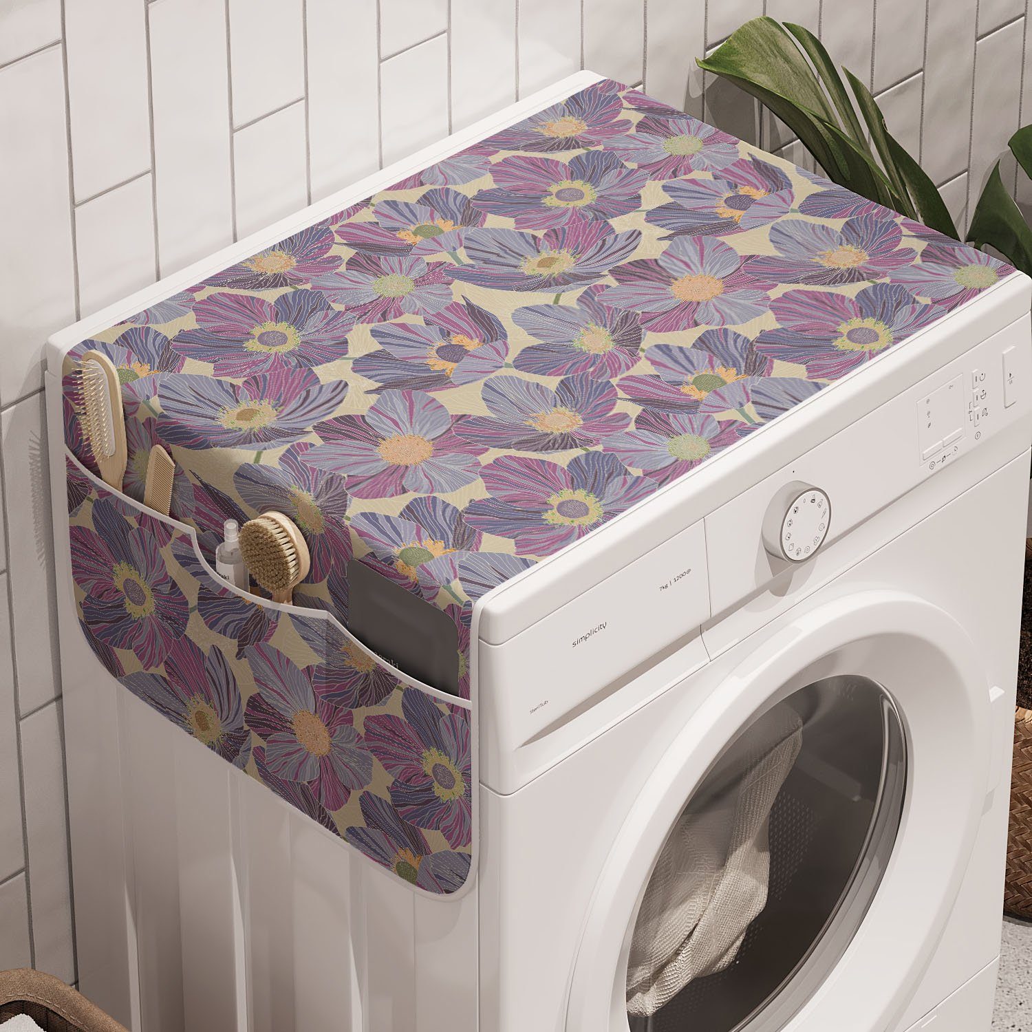 und Trockner, Vintage violette Waschmaschine für Anti-Rutsch-Stoffabdeckung Badorganizer Design Blumen Abakuhaus Blume