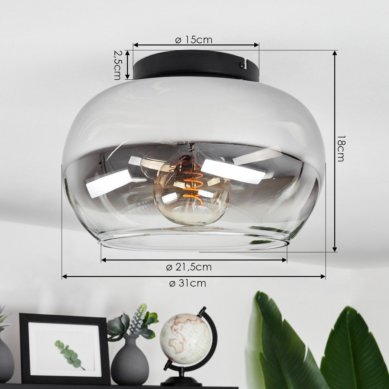 hofstein Deckenleuchte »Cardeto« Deckenlampe aus Metall/Glas in Schwarz/Rauchfarben/Klar, ohne Leuchtmittel, Leuchte im Retro/Vintage-Design mit Schirm aus Glas – Bild 4 von 5
