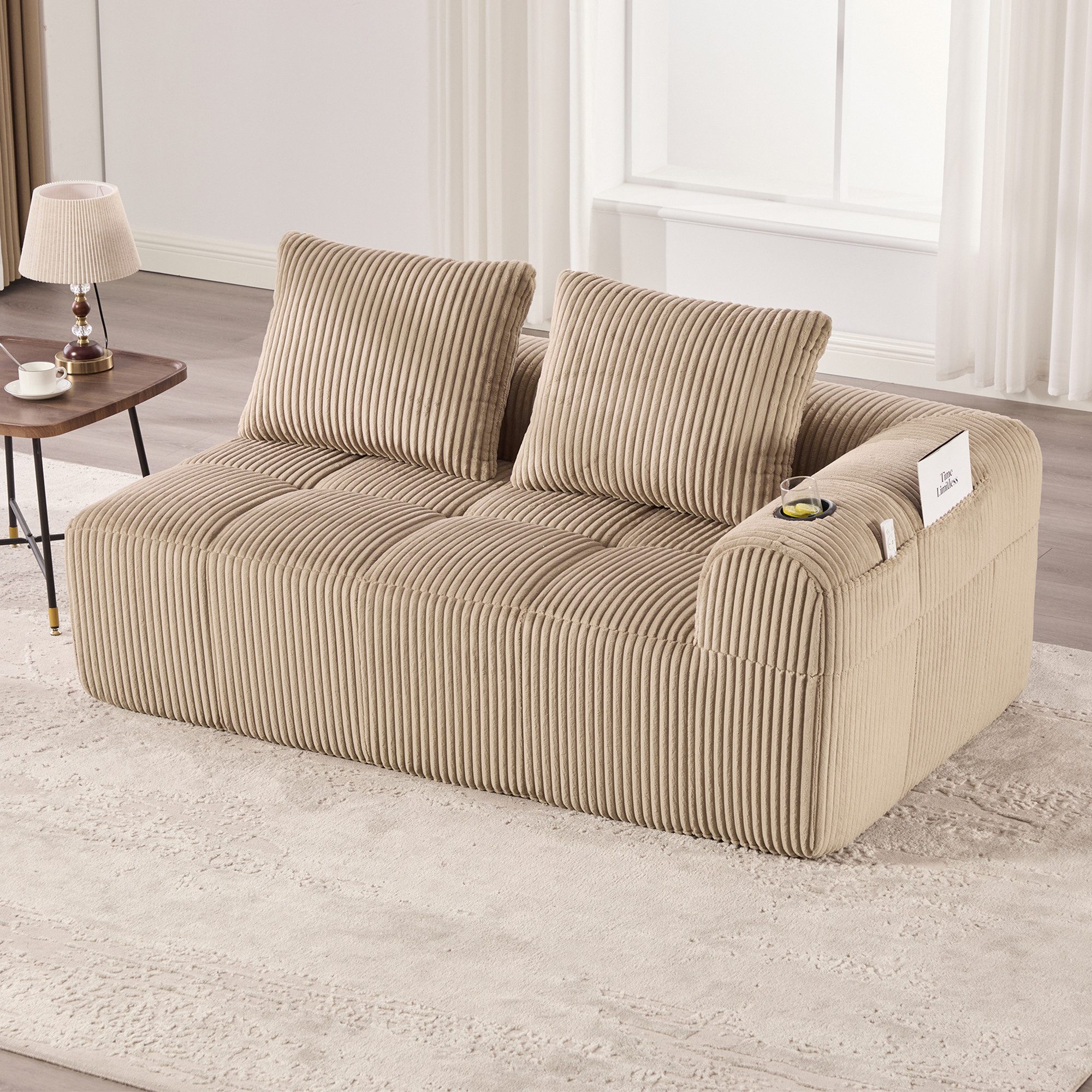 Odikalo Sofa Loungesofa Cord-Liegesessel, Ohne Montage, weiches Sofa mit Rückenkissen, seitliche Aufbewahrungstasche für Fernbedienung und Handy, integrierter Getränkehalter