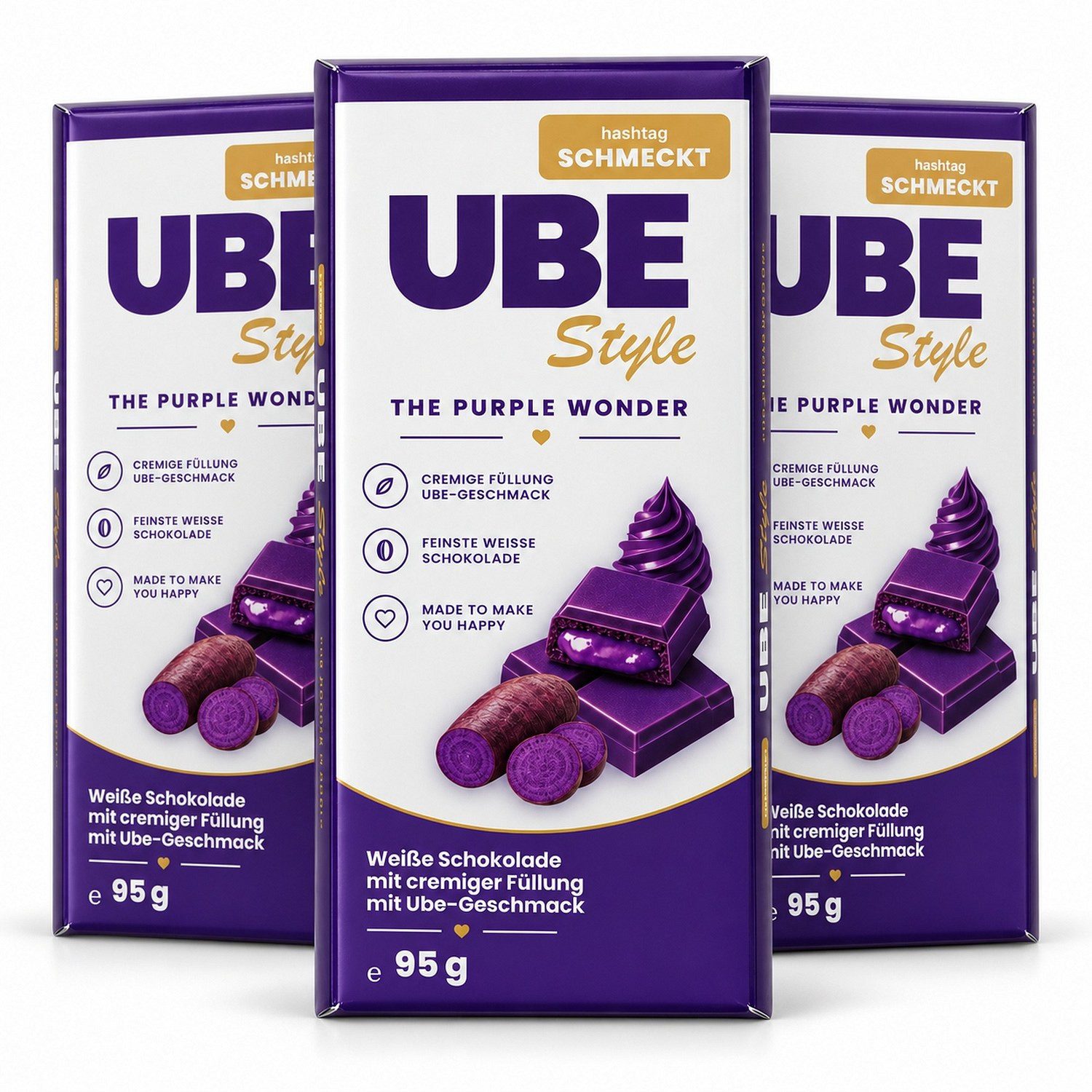 Schokolade, 3 x 95 g, UBE Style Weiße Schokolade mit cremiger Ube-Füllung – The Purple