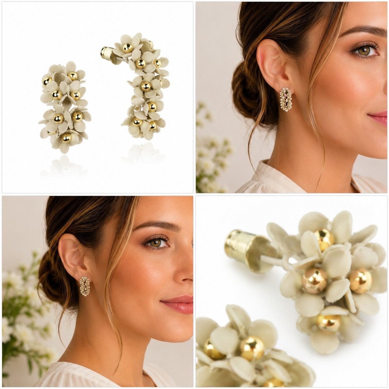 LUISIA® Paar Ohrstecker Halb Creolen Ohrringe "Mia" mit Blüten (2-tlg., inkl. Schmuckbox), 16 Karat vergoldet
