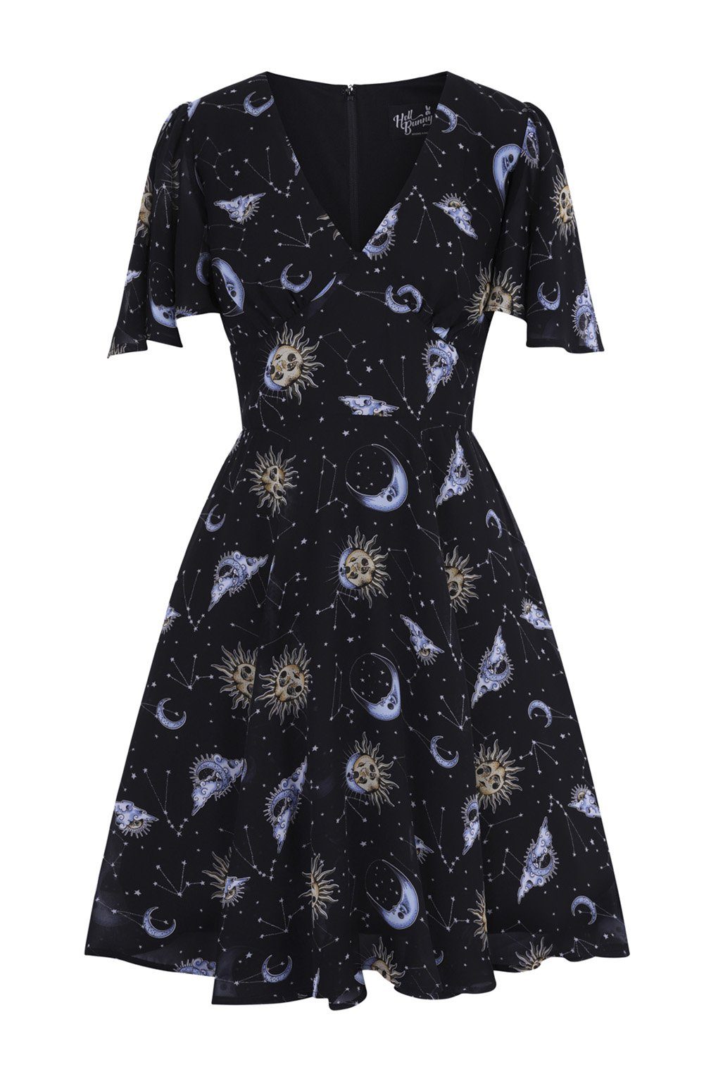 Hell Bunny A-Linien-Kleid Solaris Dress Gothic Mond Sonne Chiffon | Druckkleider