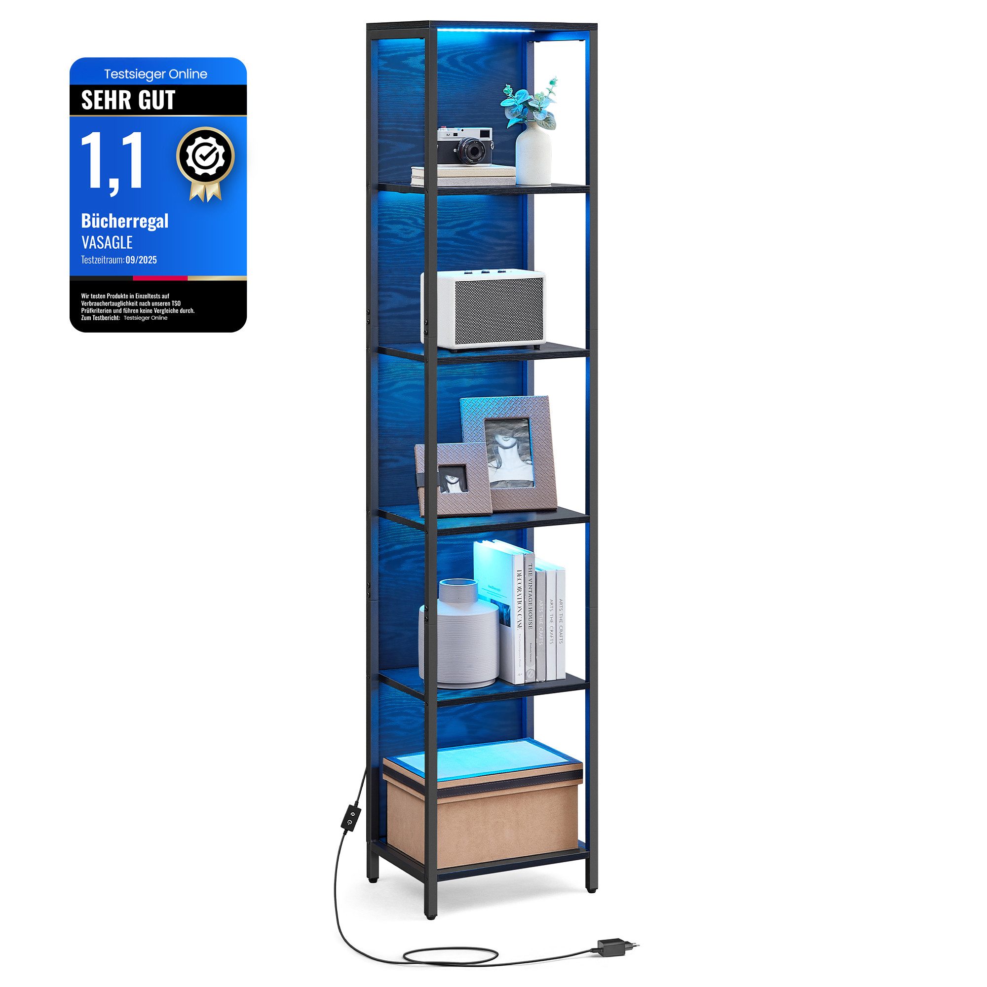 VASAGLE Bücherregal Standregal, mit 6 Ebenen, Standregal mit einstellbarer LED-Beleuchtung, Regal