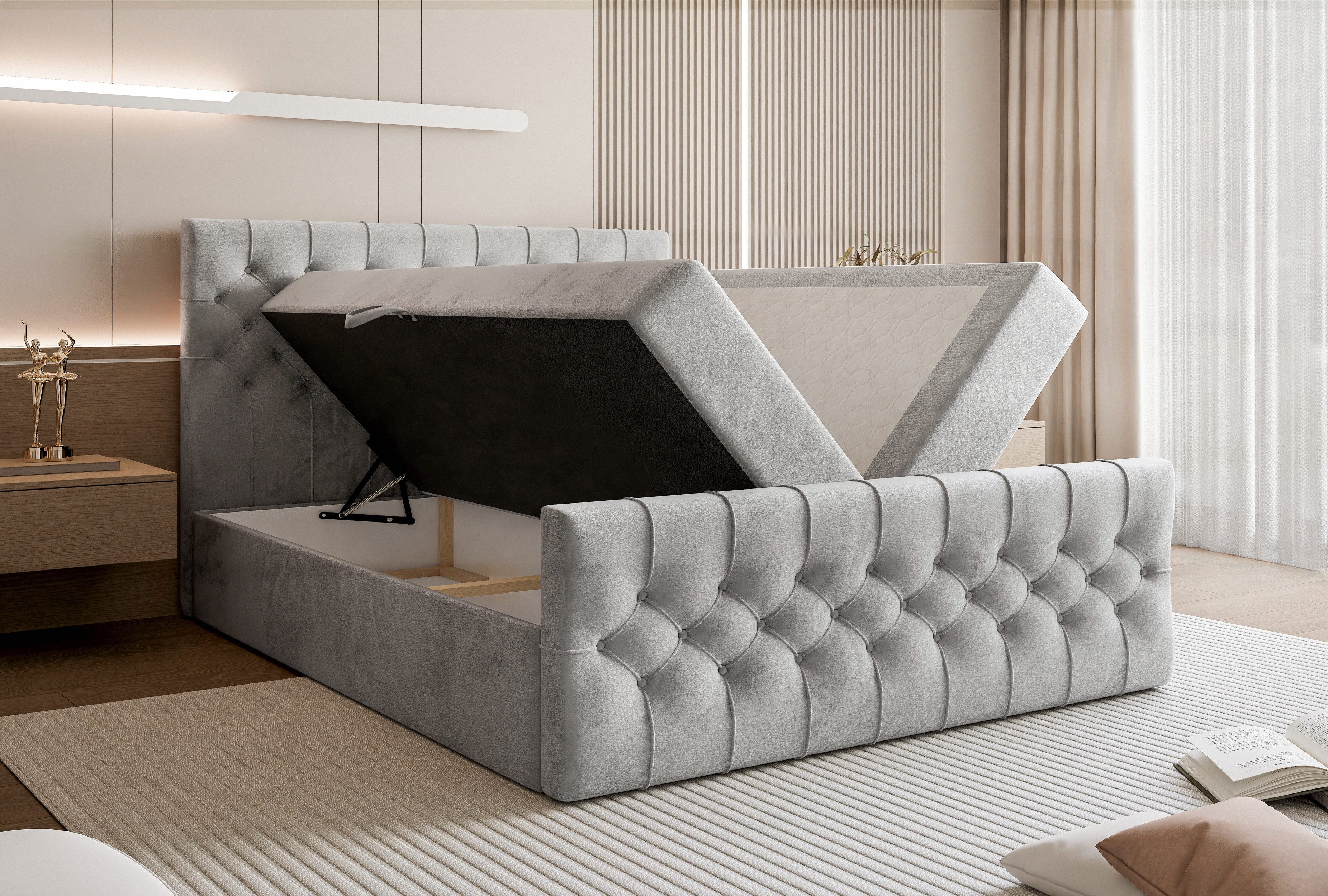 Goldstoff Boxspringbett TAURIEL mit Federkernmatratze & Topper, zwei Bettkästen (von 120 bis 200x200 cm), modernes Doppelbett aus Velvet Stoff mit edlem Kopftei – Bild 5 von 5