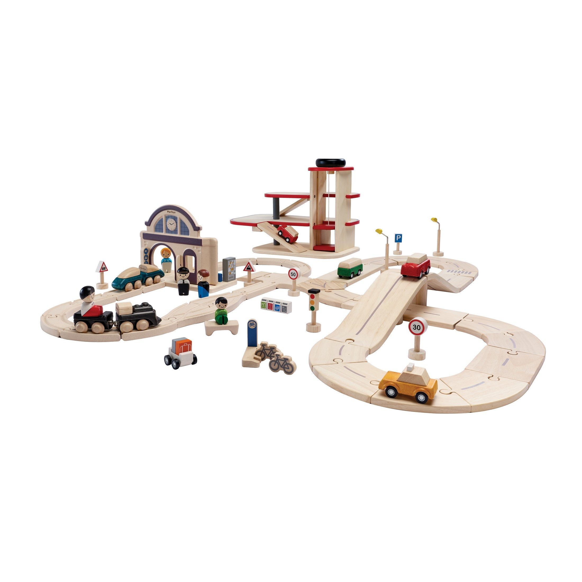 Plantoys Spielzeug-Zug PlanToys- Stadtverkehrs-Schienen- & Straßenset - ab 3 Jahre, (Komplettset, 65-tlg)