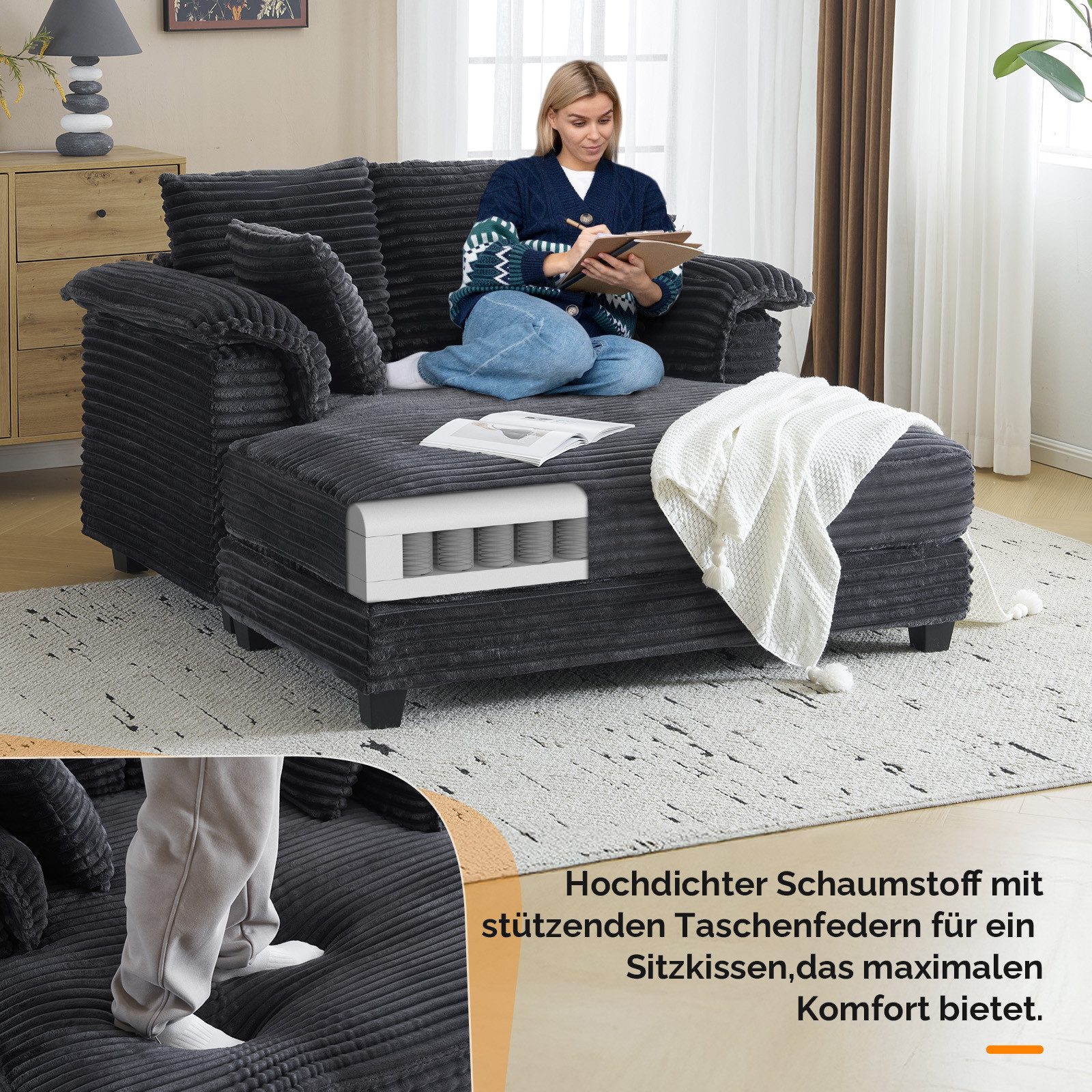 VINGLI Chaiselongue 2-Sitzer Cord Schlafsofa, Breite 142cm, Loungesofa mit Schlaffsunktion, Großer Chaiselongue-Sessel für Wohnzimmer, Schlafzimmer oder Büro – Bild 3 von 5
