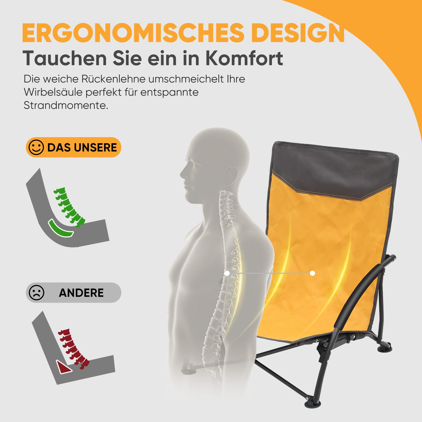 Sekey Klappstuhl Strandliegestuhl Klappbar leicht niedriger Strandstuhl Campingstuhl, mit Niedrigen Stuhlbeinen und bequeme Rückenlehne, bis 140 kg