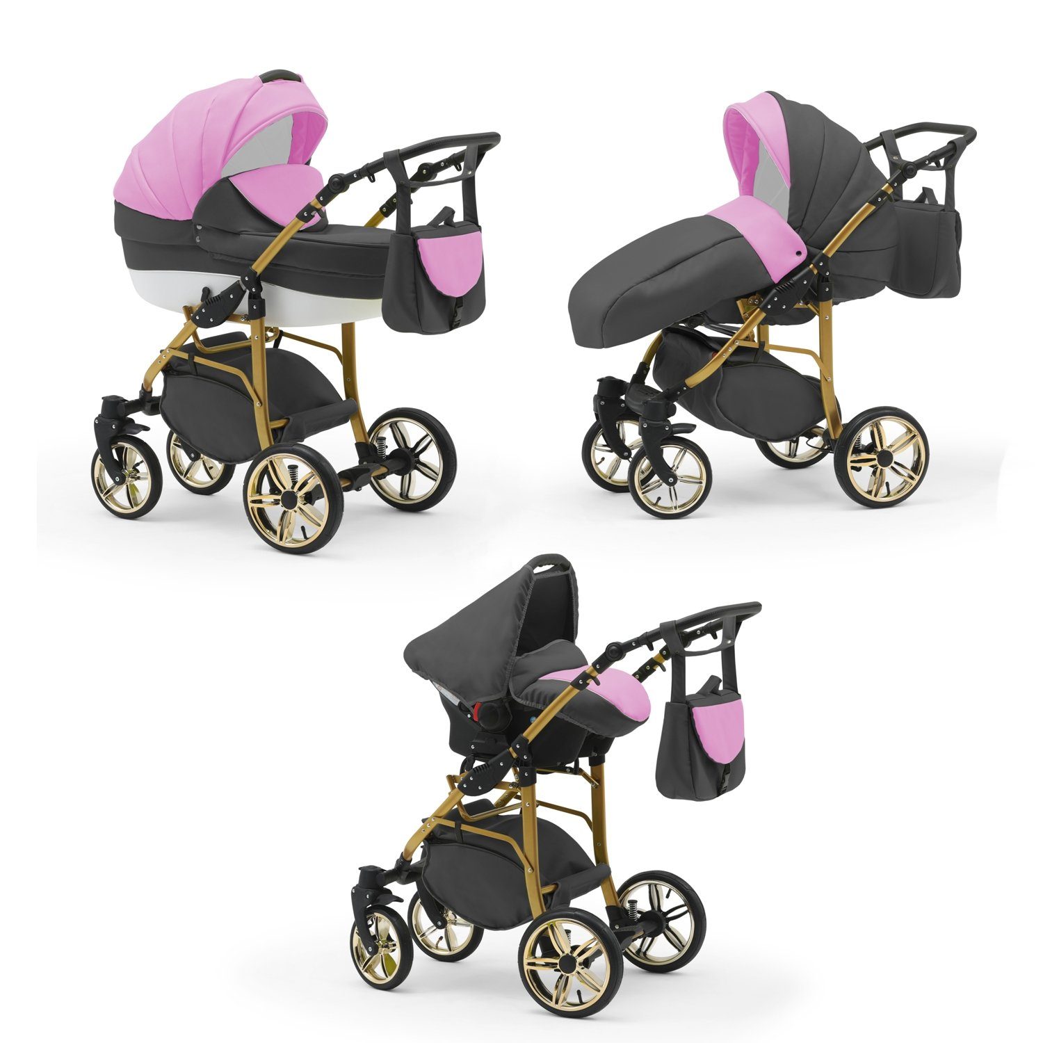 babies-on-wheels Kombi-Kinderwagen 3 in 1 Kinderwagen-Set Cosmo ECO Gold - 16 Teile - in 46 Farben Pink-Grau-Weiß