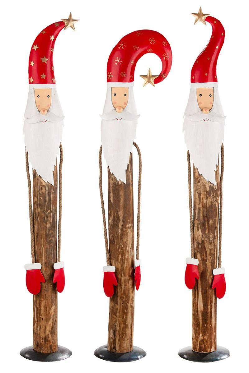 GILDE Dekoobjekt 3er Natur/Rot, 'Noel' Holz Eukalyptu Santa, aus Santa Wackelarme Set 