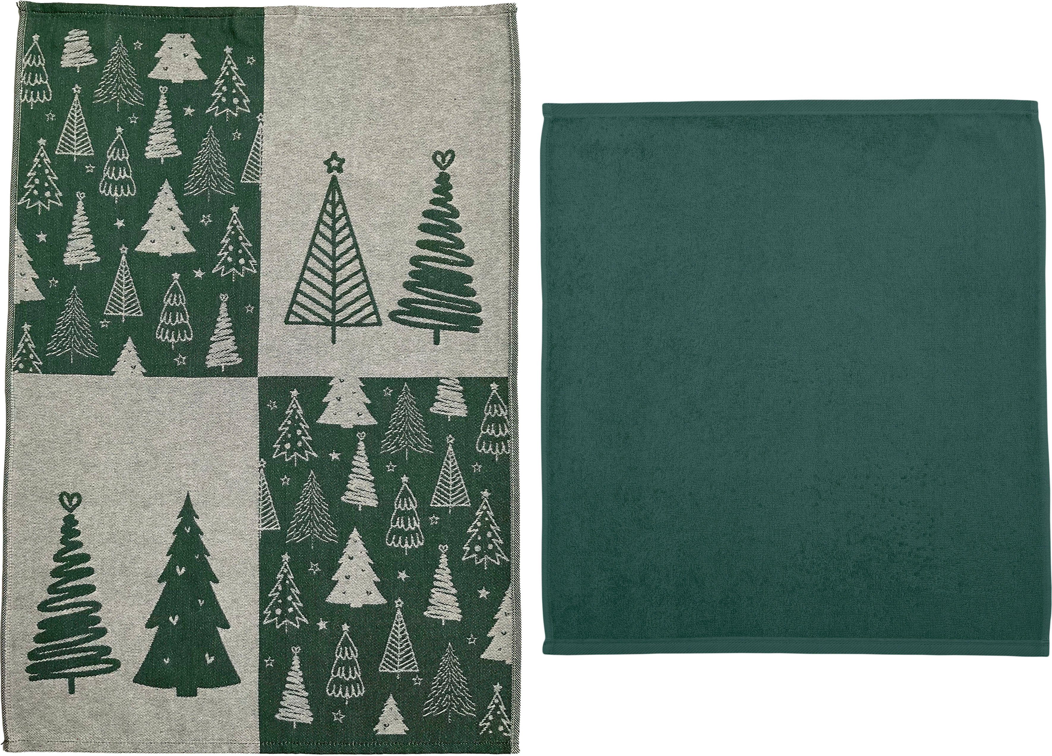 ROSS Geschirrtuch Weihnachtsküchentuch - BAUM, 2-tlg., Geschirrtuch Frottiertuch 50x50 Weihnachtsdeko - moosgrün 1x Motiv cm, 50x70 mit - 100% Weihnachten, Baumwolle, cm), (Set, 1x aus uni