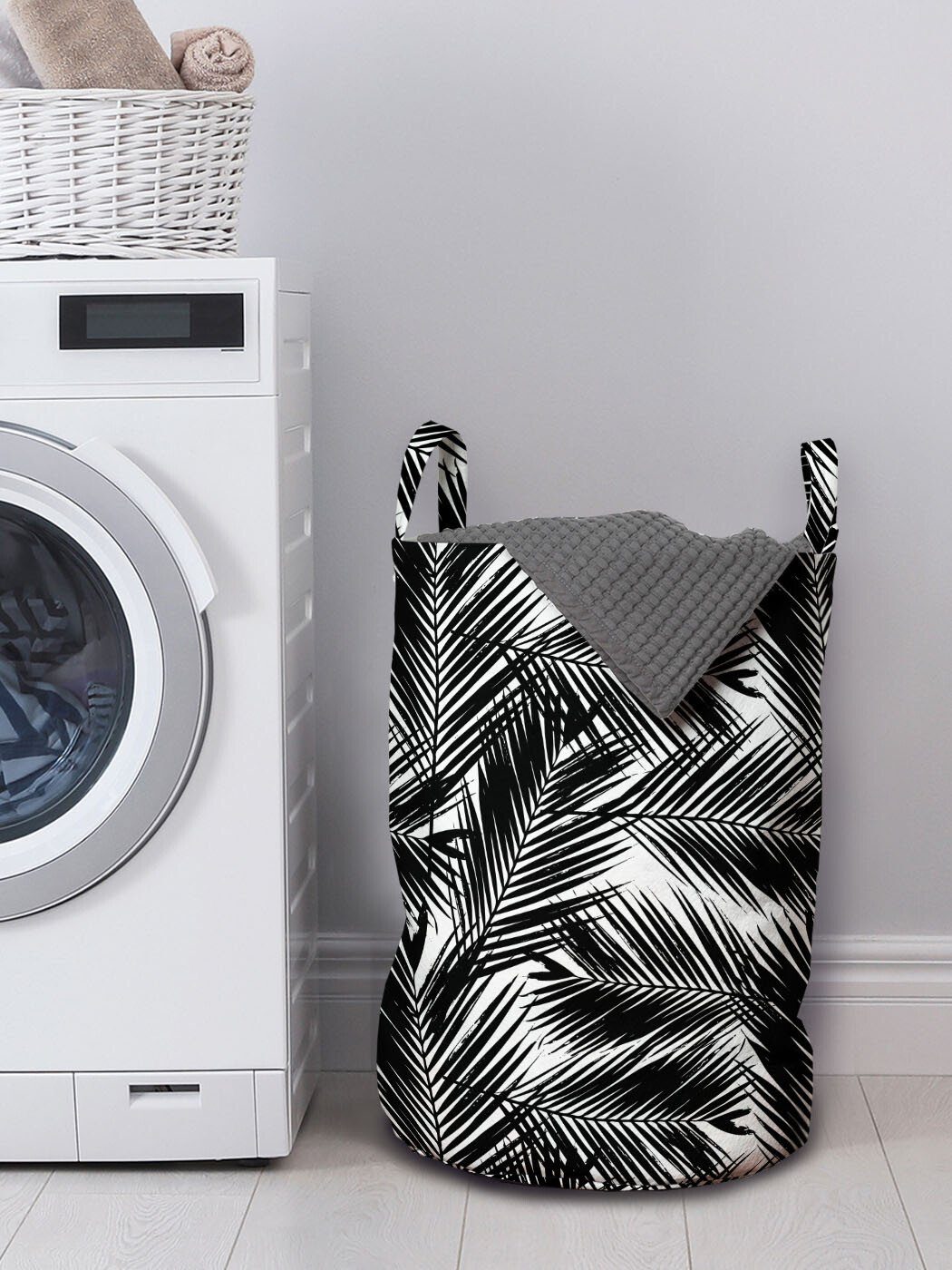 Schwarz weiß Waschsalons, Griffen Wäschesäckchen Leaves und Palm Fan Abakuhaus für Kordelzugverschluss Wäschekorb mit