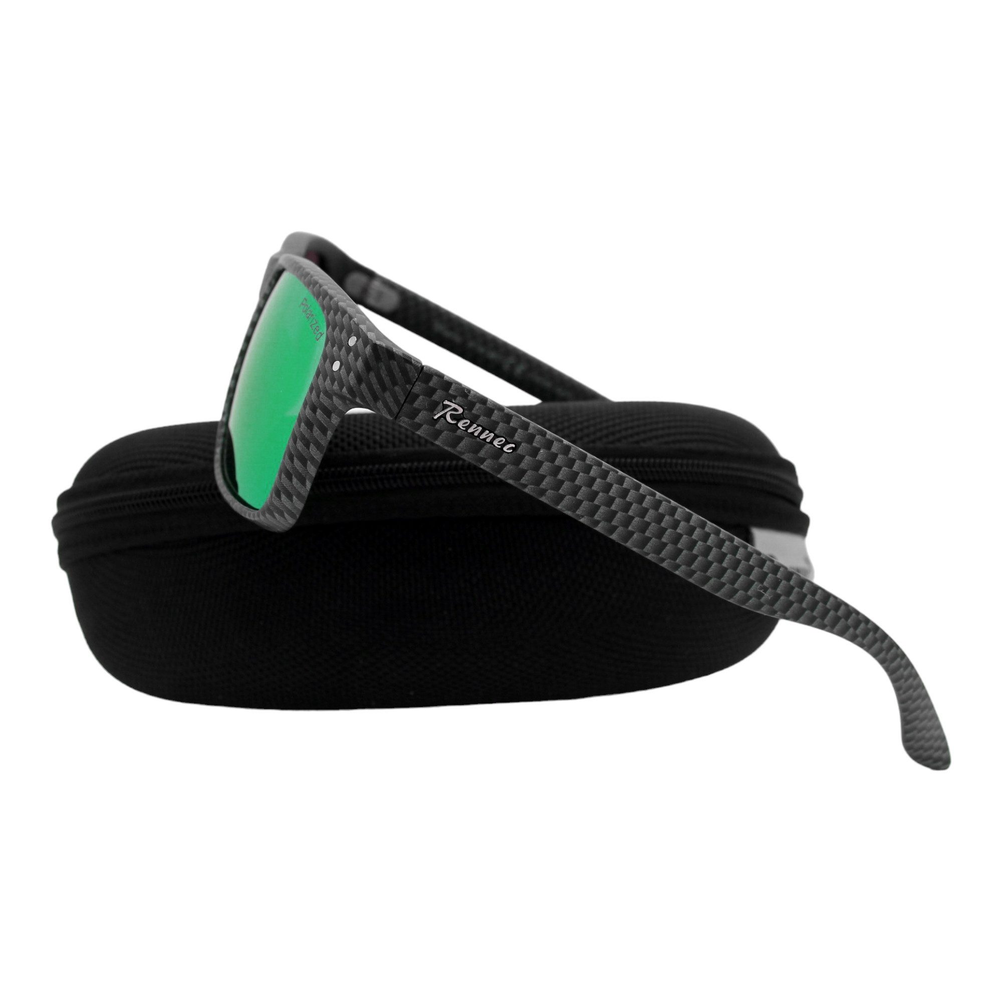 Rennec Sonnenbrille Herren Polarisiert Rechteckig Carbon Optik mit Hardcase Gläser UV400 Getönt oder Verspiegelt, Edelstahl Bügelgelenke 3in2