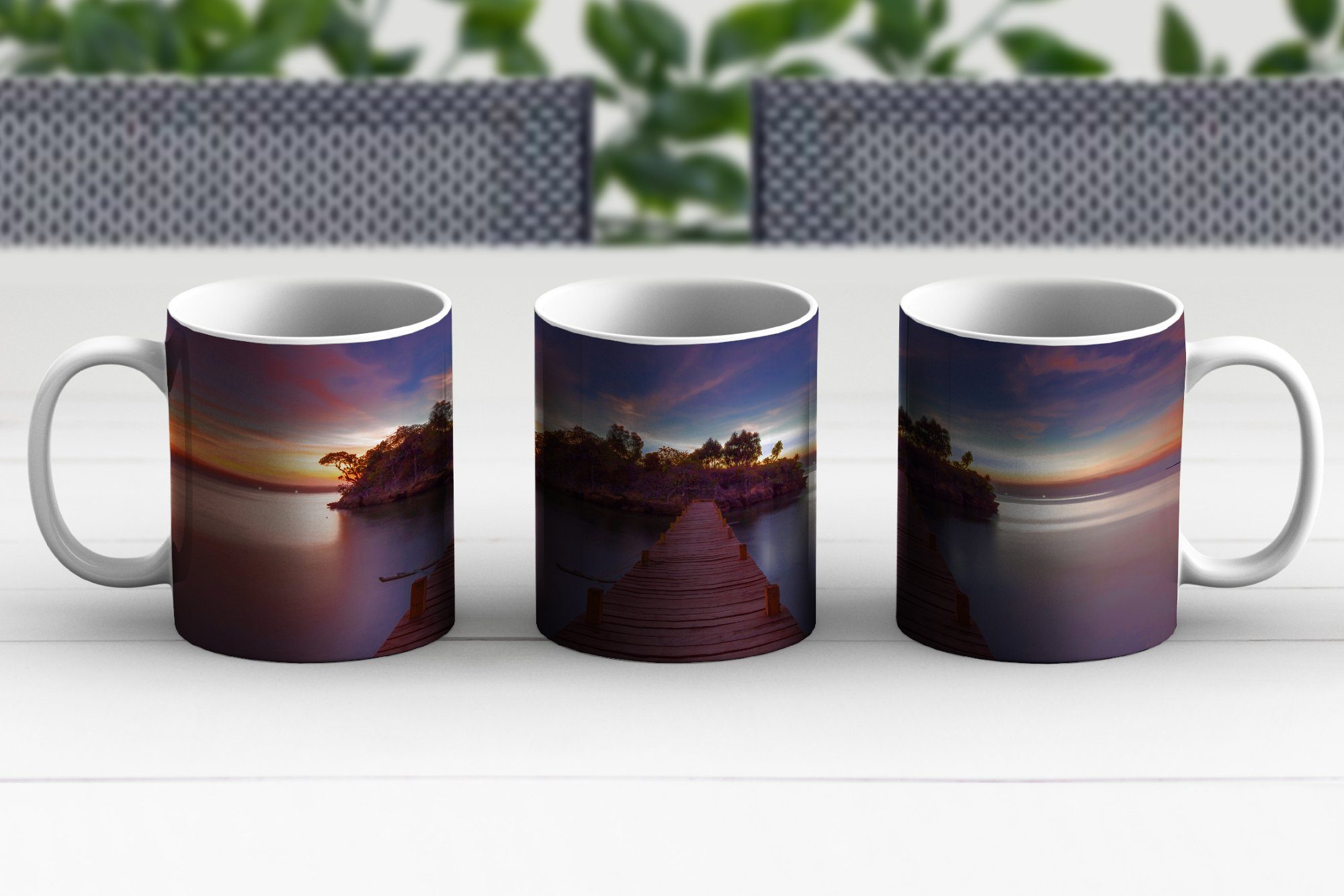 - Insel, Tasse Becher, Teetasse, Keramik, - Geschenk Sonnenuntergang Brücke Wasser - Teetasse, Bäume Kaffeetassen, - MuchoWow