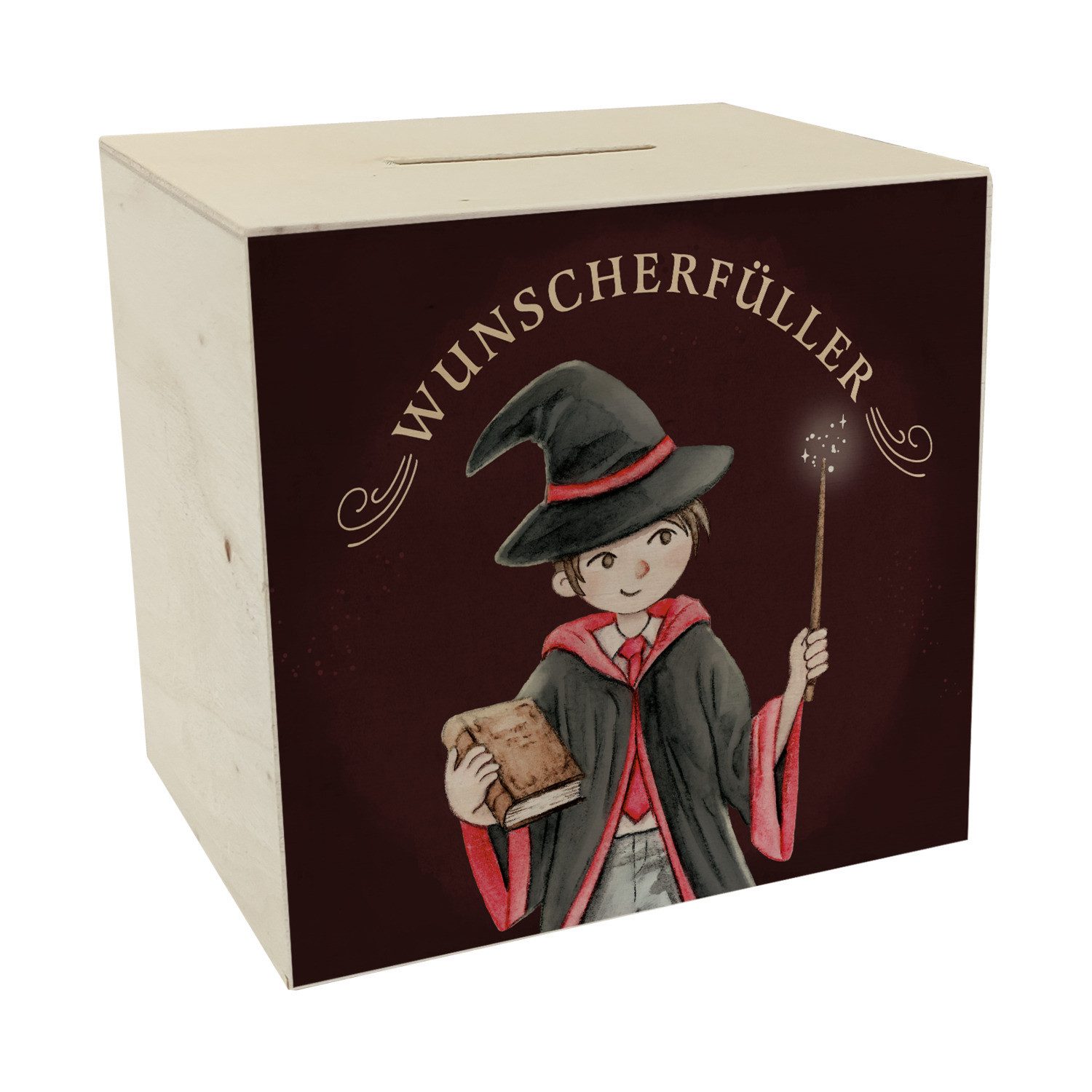 Spardose Wunscherfüller Spardose aus Holz mit Zauberschüler in rot