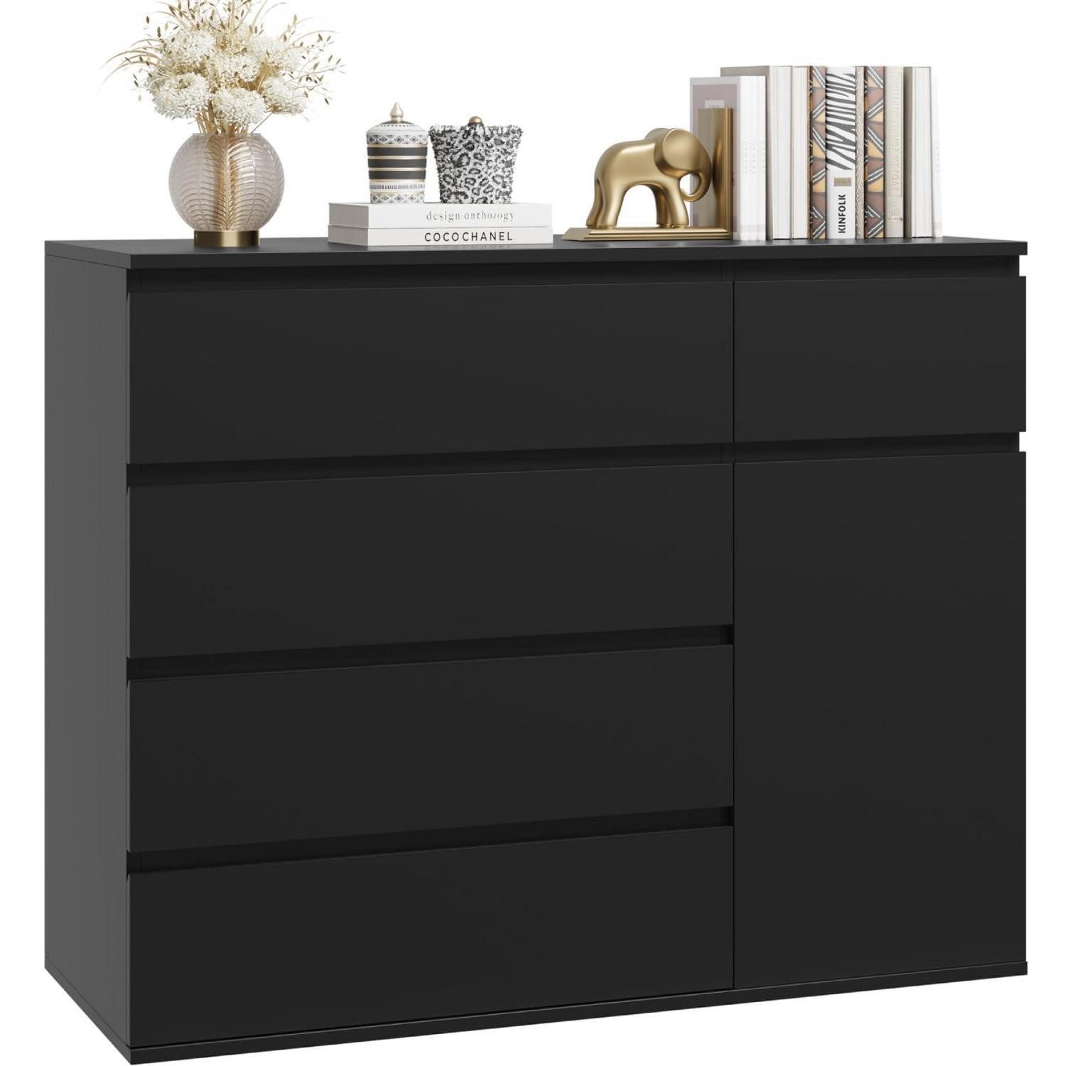 LuxusKollektion Sideboard Kommode 5 Schubladen 1 Tür 100cm Sideboard Schlafzimmer Schwarz (1 St)