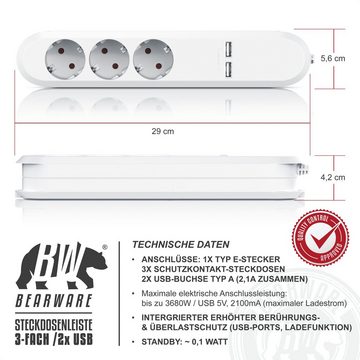 BEARWARE Steckdosenleiste 3-fach (USB-Anschlüsse, Kindersicherung, Schutzkontaktstecker, Kabellänge 1,50 m), Steckdosenleiste / max 2,1A