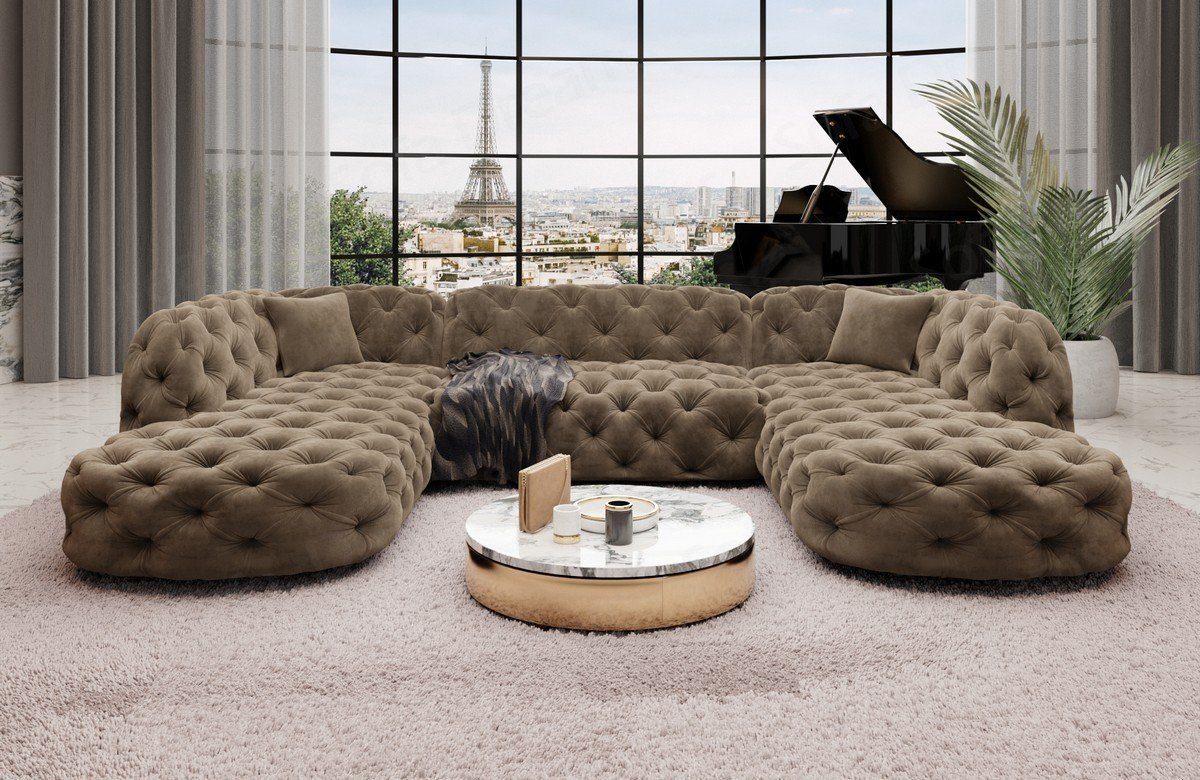 Sofa Dreams Wohnlandschaft Samtstoff Sofa Designer Couch Lanzarote U Lounge Stoffsofa, Couch im Chesterfield Look hellbraun09