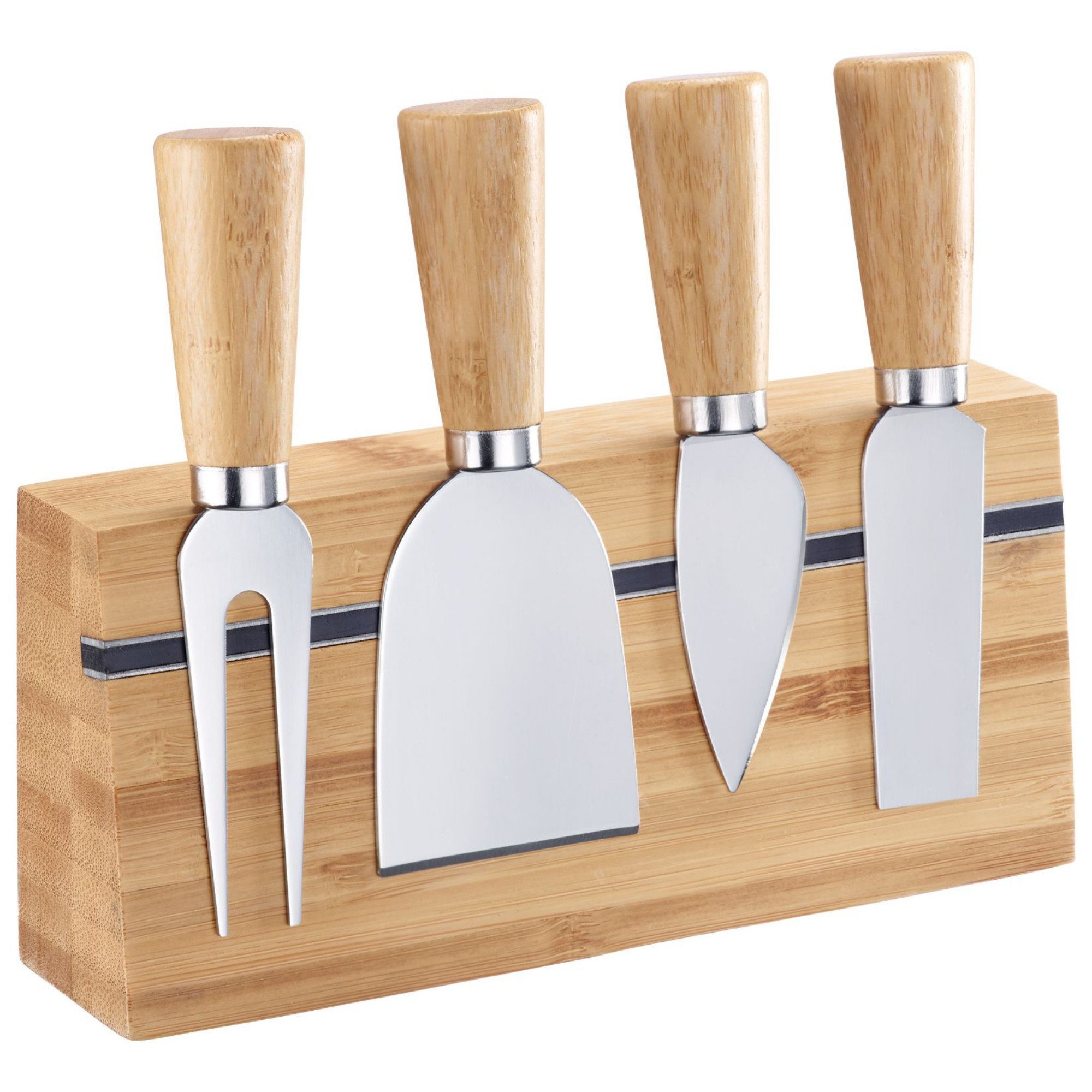 Thiru Нож для сыра 5-teiliges Set inkl. dekorativer Bambus Halterung, 5-tlg. Set, Holzgriff, Edelstahl Klingen, Bambus Halterung