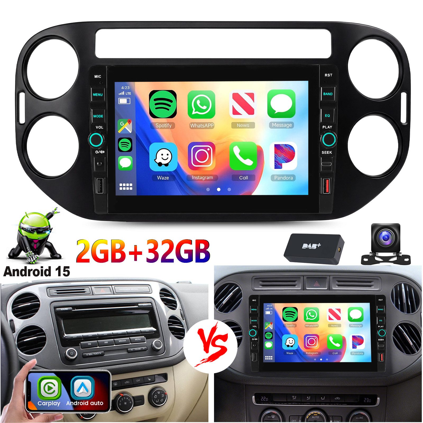 ESSGOO 8'' Android 15 Autoradio Carplay WiFi Navi für VW Tiguan 5N Golf Plus Autoradio (RDS, 4+64GB(optional), DAB (optional), FM, DAB+ (optional)