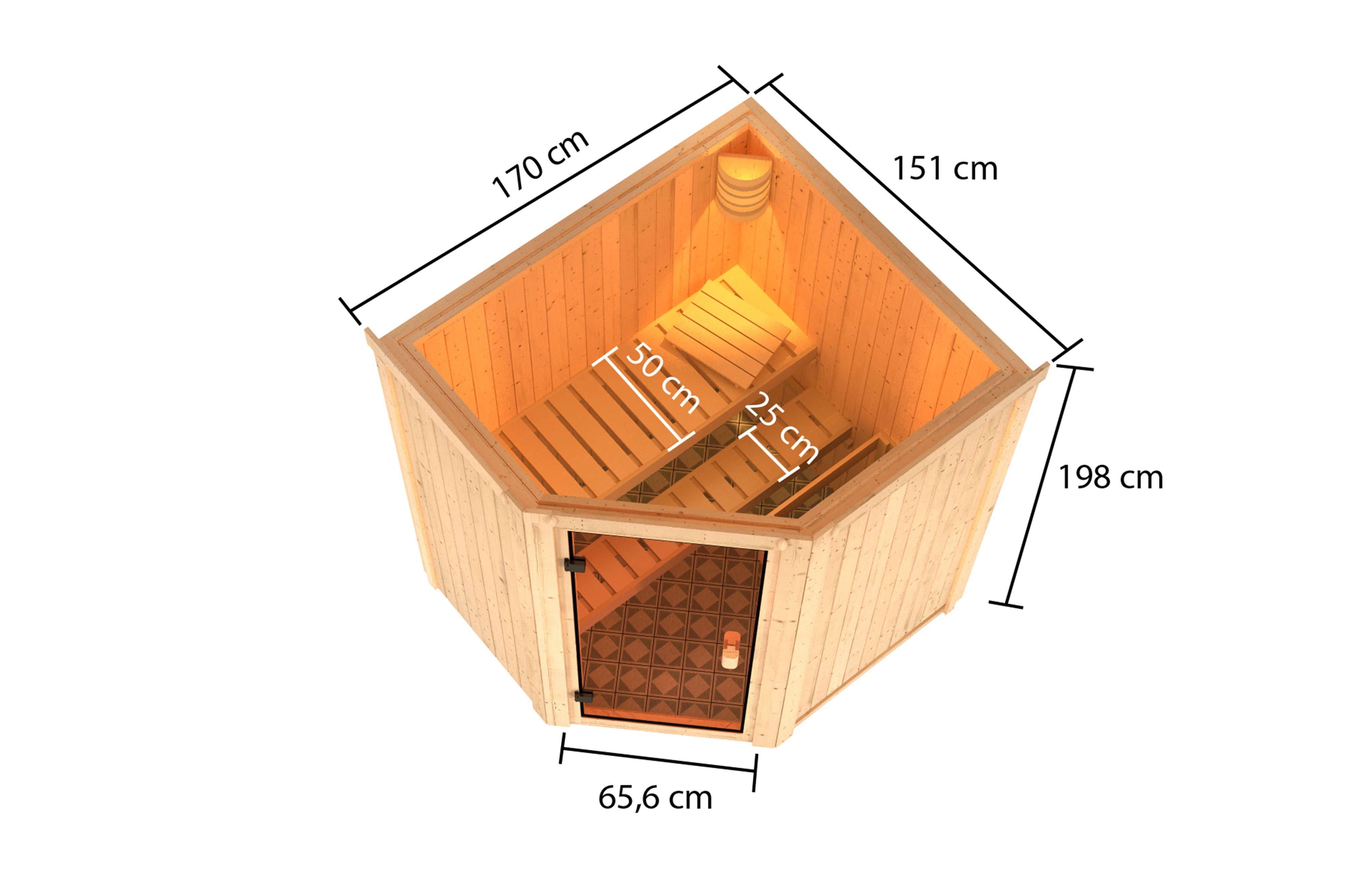 Karibu Sauna Innensauna Divna inkl. Saunaofen 3,6kW integr. Steuerung, nordisches Fichtenholz, Made in Germany, 68mm