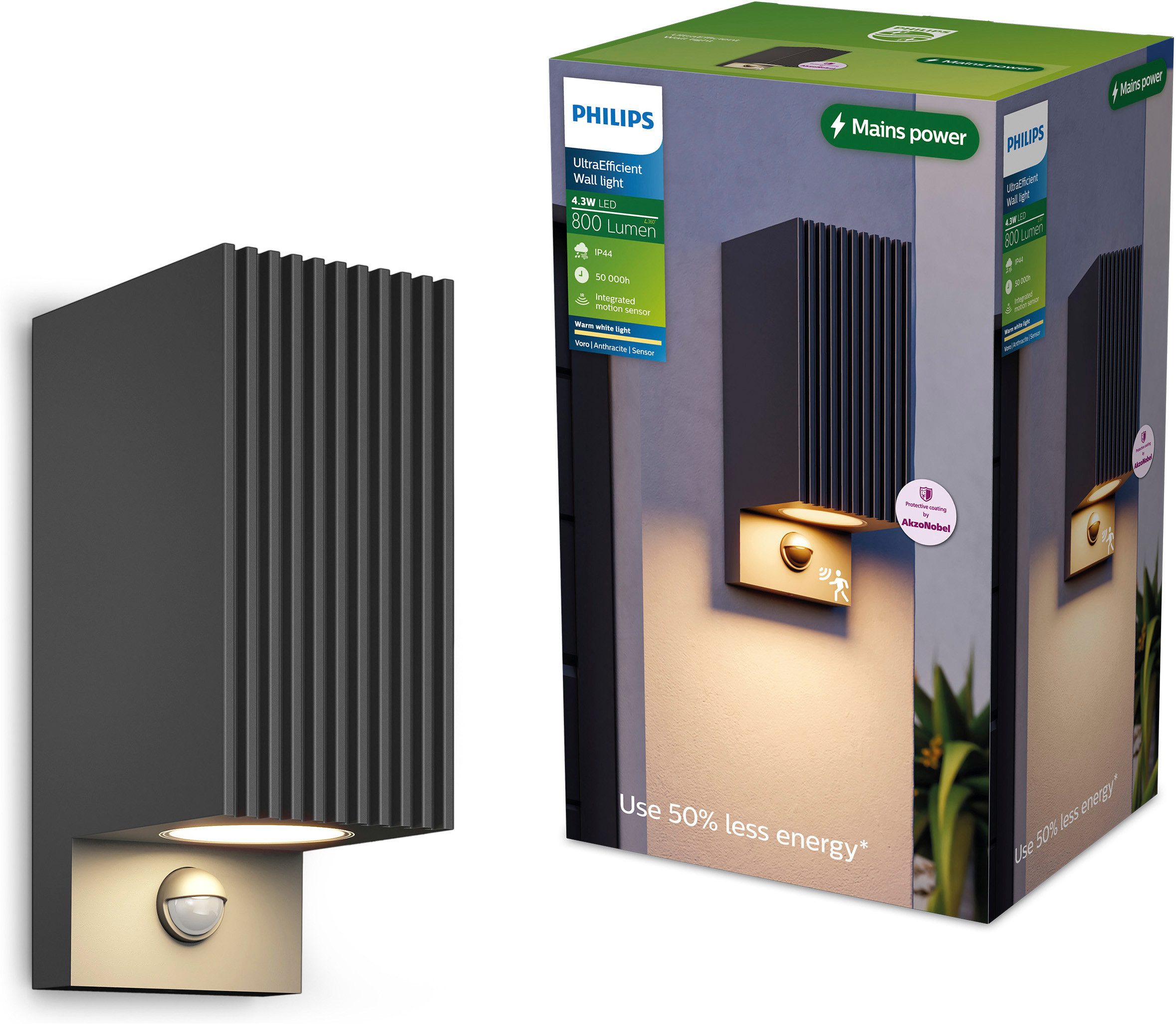 Philips Außen-Wandleuchte Voro ultraeffiziente LED Outdoor Leuchte, anthrazit, LED fest integriert, Warmweiß, 800 lm, 2700 K Warmweiß, IP44, PowerShield-Beschichtung
